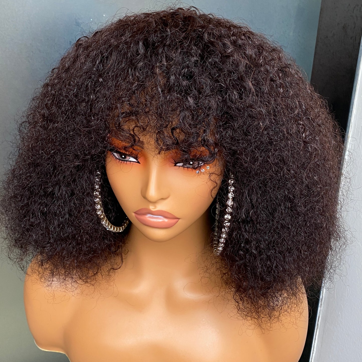 Remy Human Hair Kinky Curly Regular Bang Wig 12-30 Inch