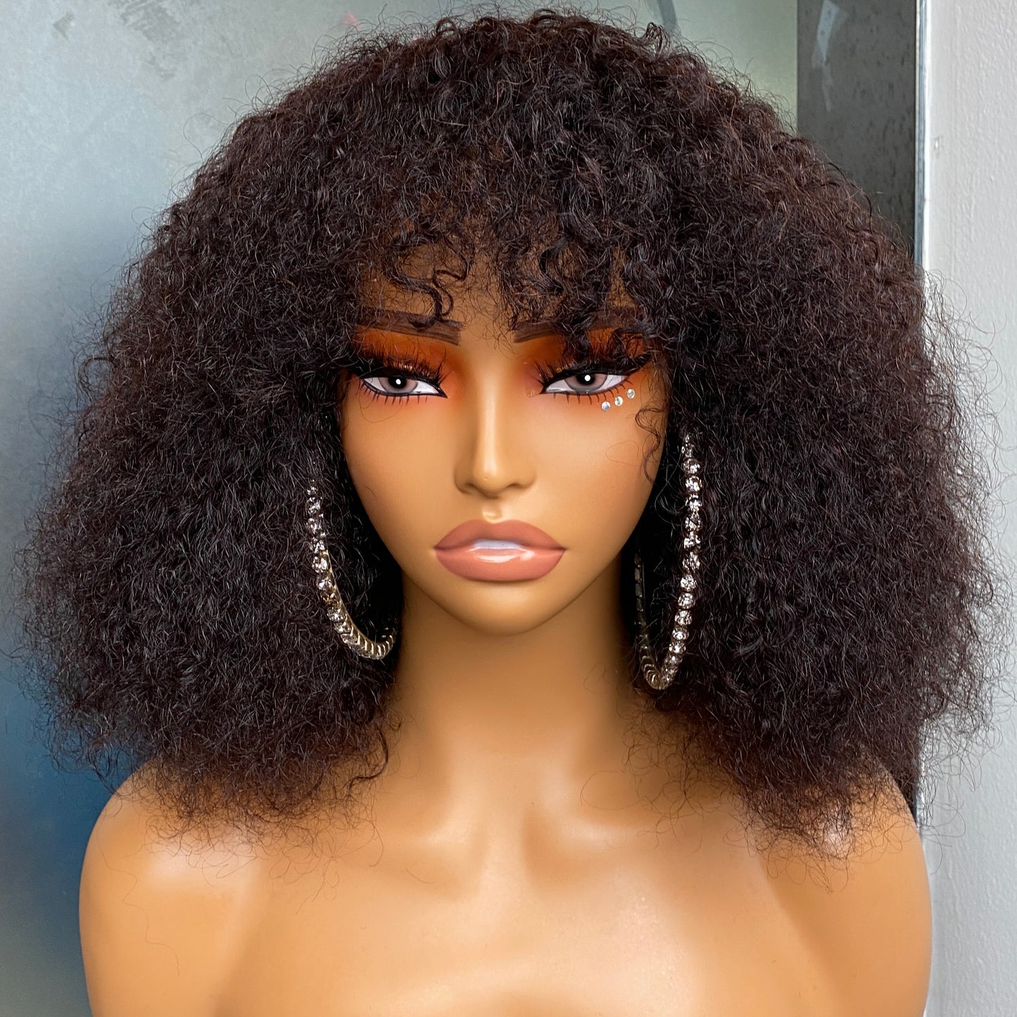 Remy Human Hair Kinky Curly Regular Bang Wig 12-30 Inch