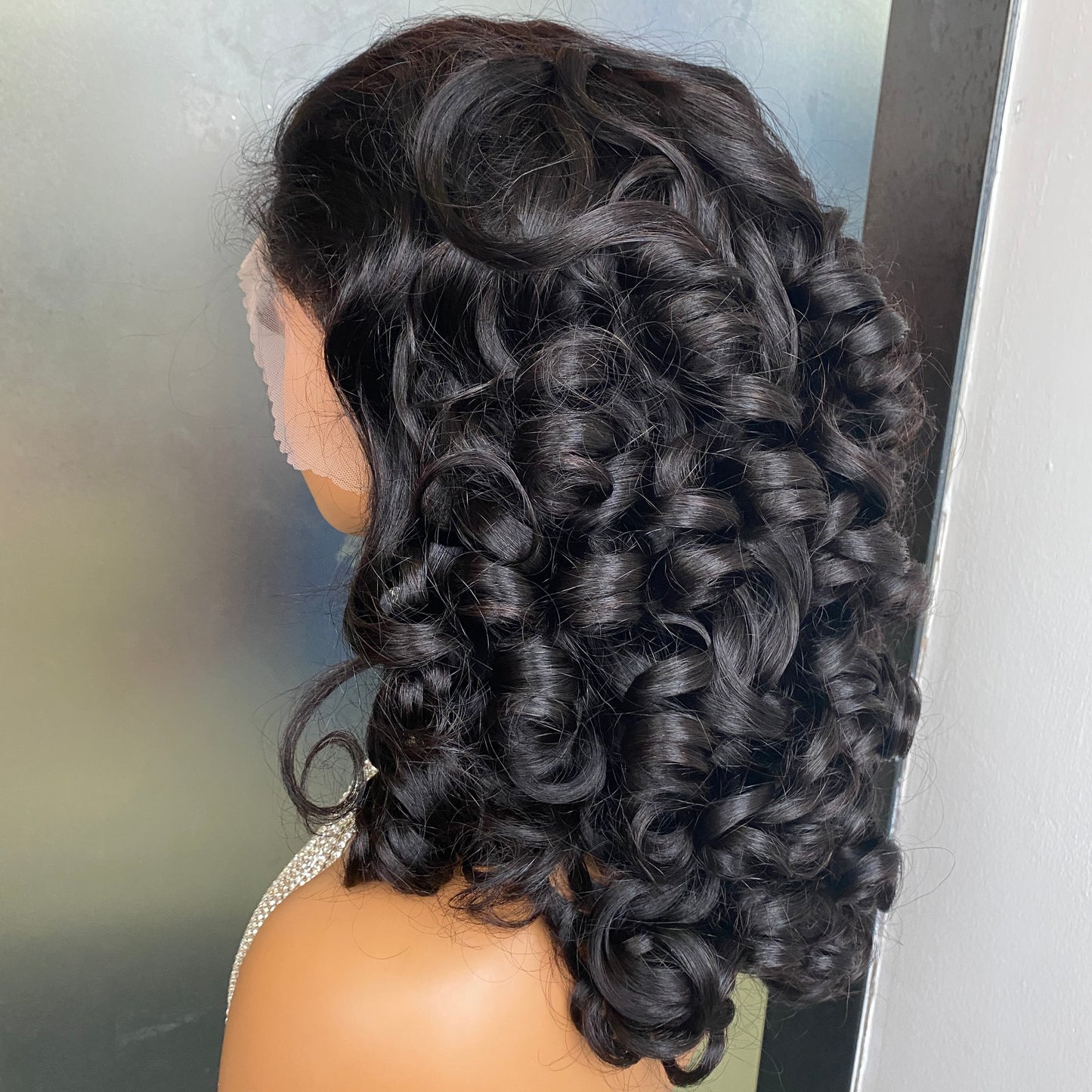 Natural Black 180% Fumi Curly 13x4 Transaprent Lace Frontal Wig 16 Inch