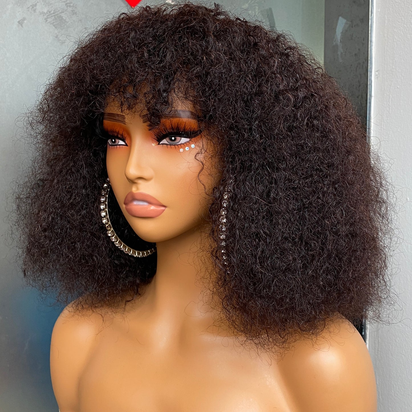 Remy Human Hair Kinky Curly Regular Bang Wig 12-30 Inch
