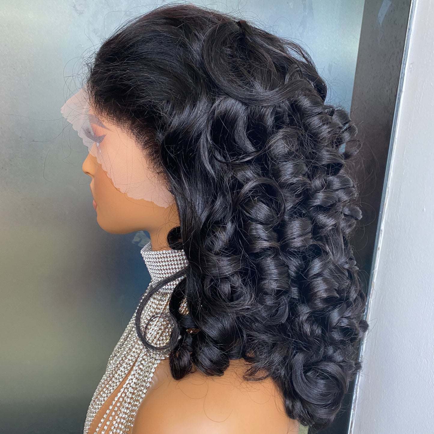 Natural Black 180% Fumi Curly 13x4 Transaprent Lace Frontal Wig 16 Inch