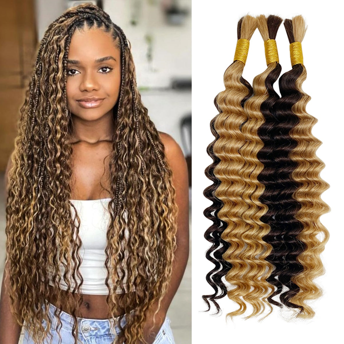 Natural Color Human Braiding Hair 110g Deep Wave Bulk Boho Box Braids No Weft Curly Hair Extensions 20 Inch