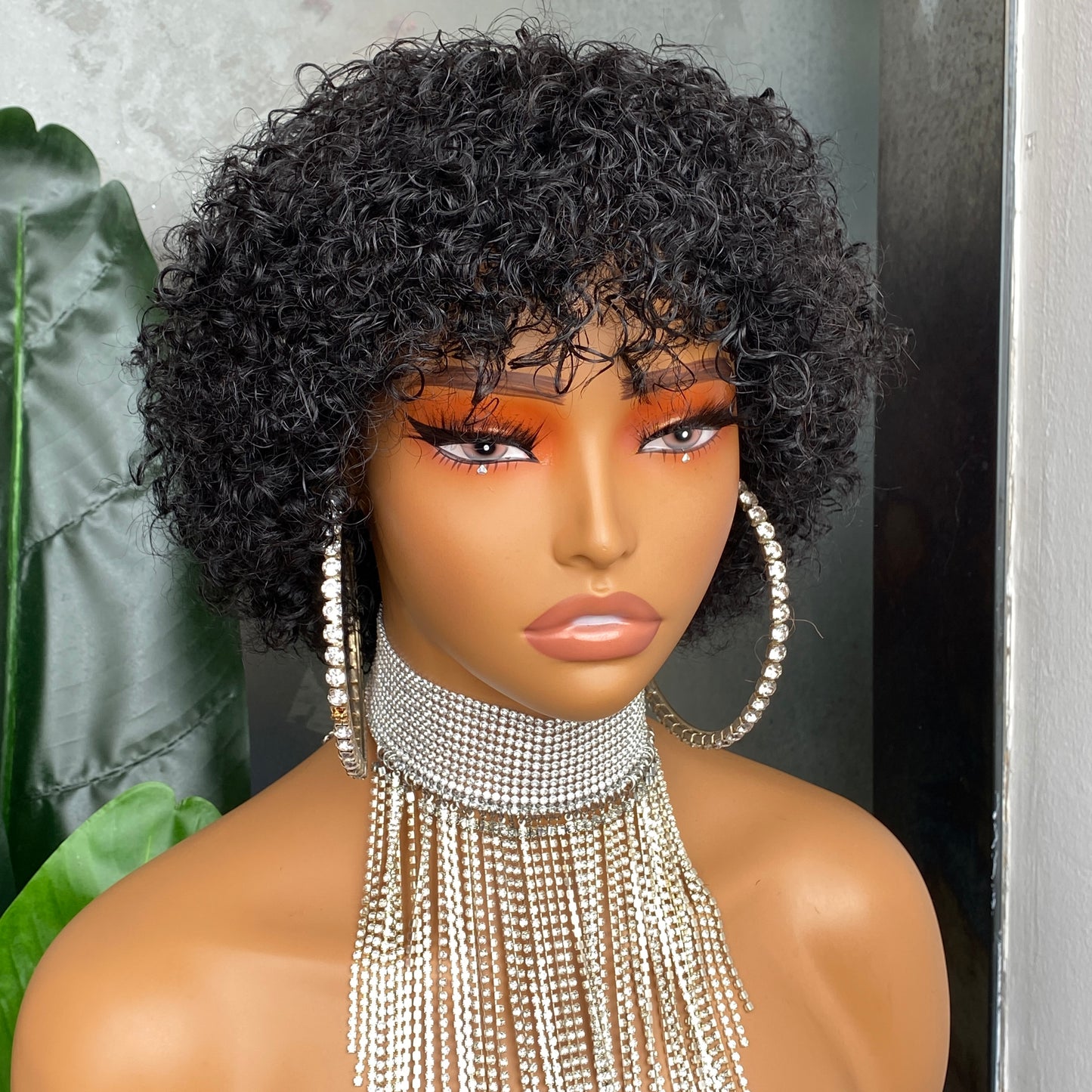 Natural Color Curly Pixie Cut None Lace Bang Wig 10 Inch