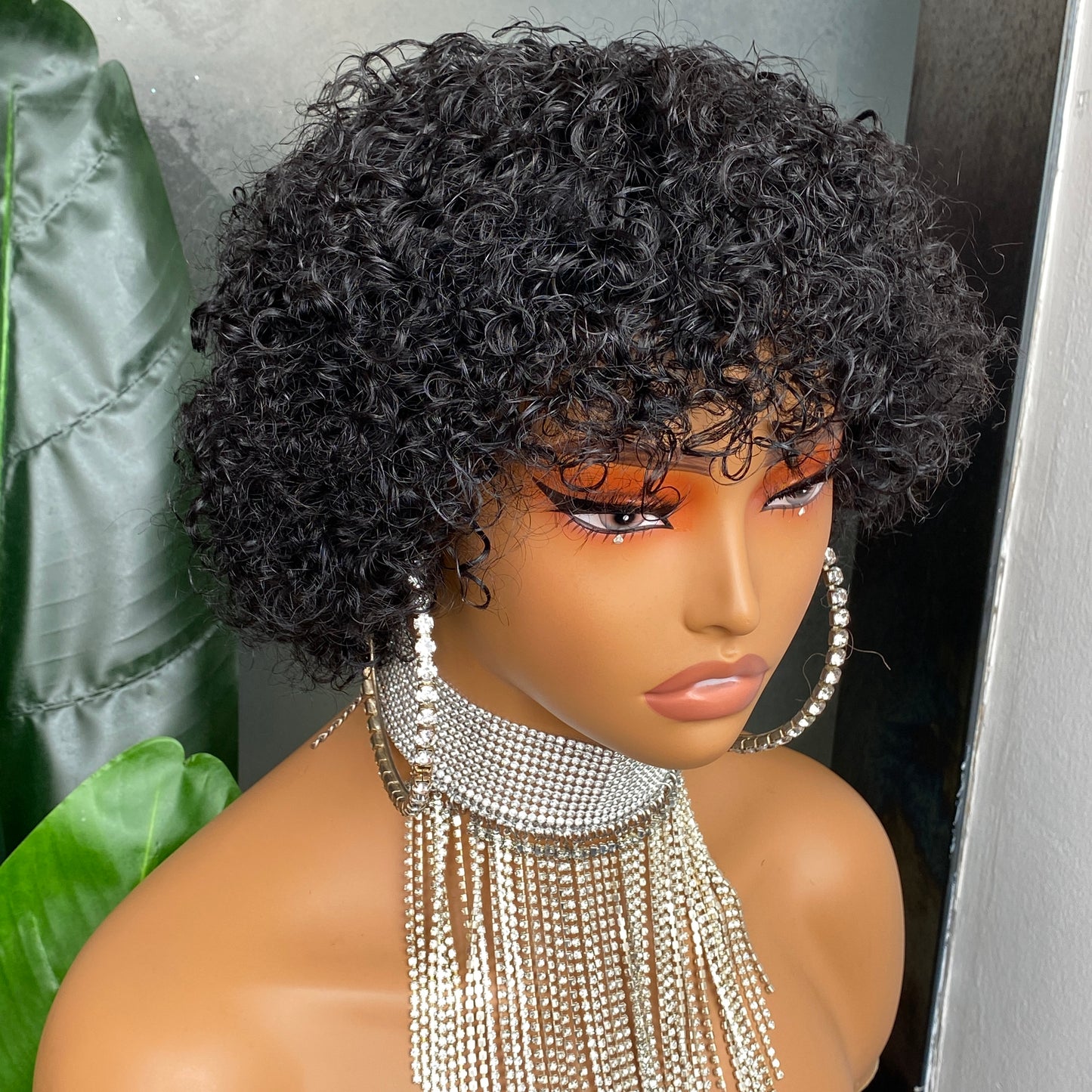 Natural Color Curly Pixie Cut None Lace Bang Wig 10 Inch