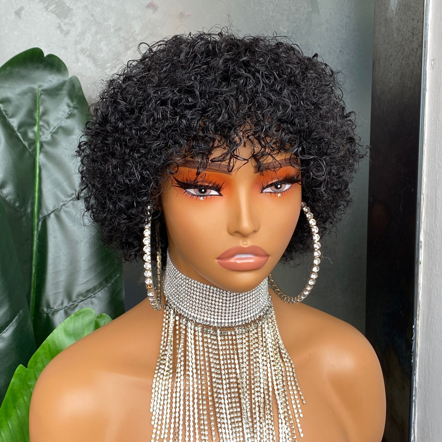 Natural Color Curly Pixie Cut None Lace Bang Wig 10 Inch