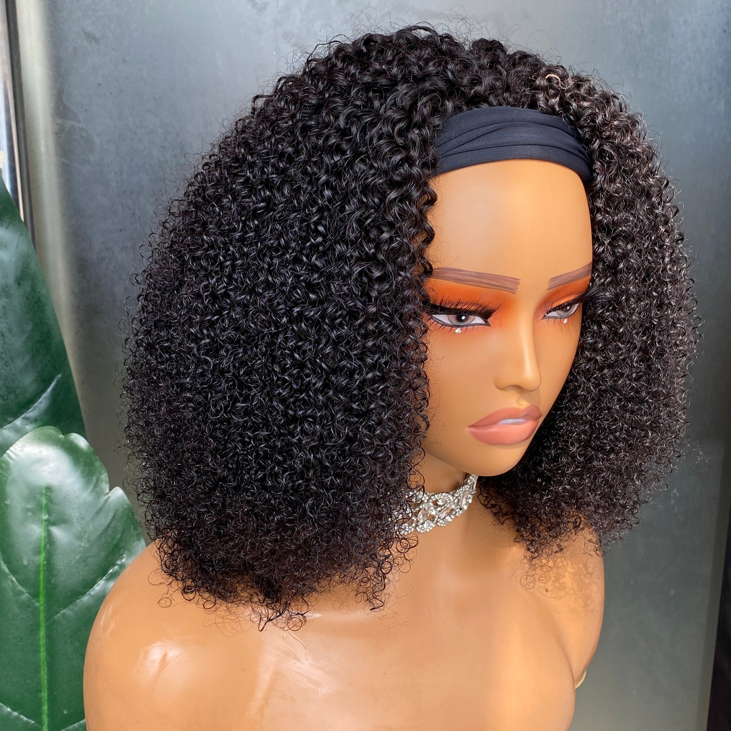 200% Density Kinky Curly Headband Wig Virgin Human Hair 14 Inch