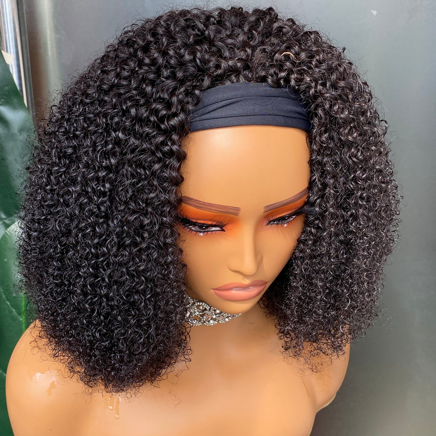 200% Density Kinky Curly Headband Wig Virgin Human Hair 14 Inch