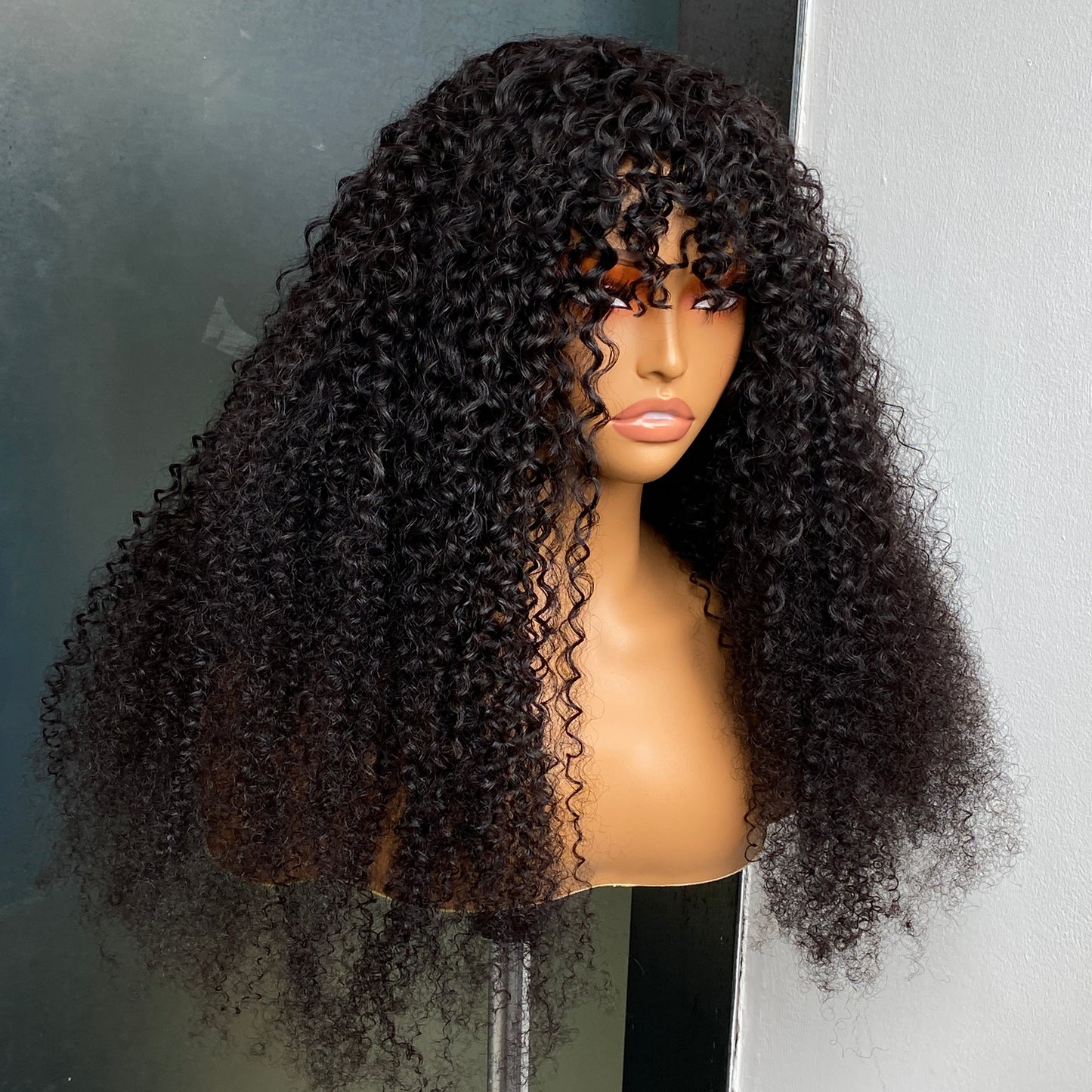Raw Remy Human Hair Afro 4B Kinky Curly Regular Bang Wig 8-30 Inch