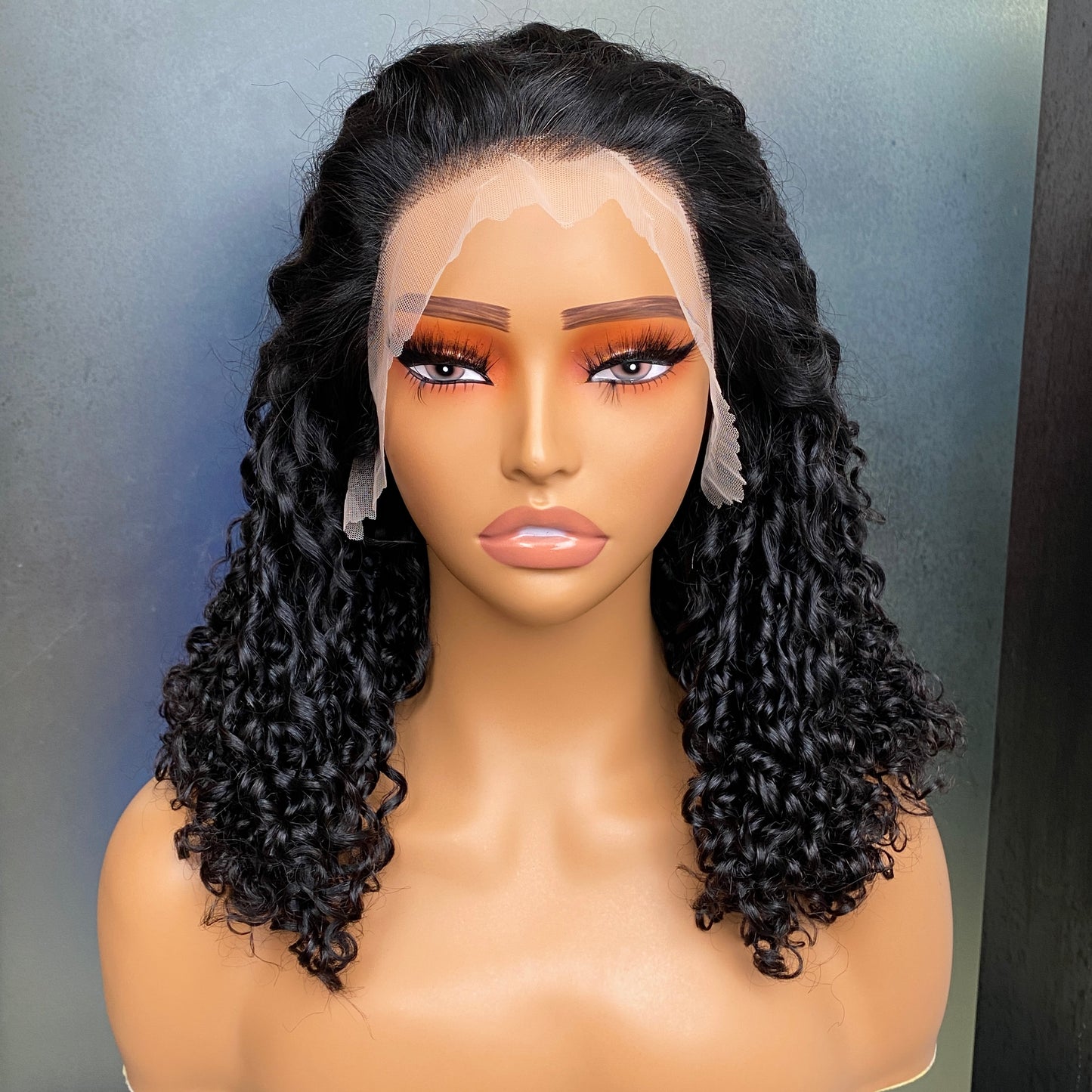 Natural Black Fumi Curly 13x4 Transparent Lace Frontal Human Hair Wig 14 Inch