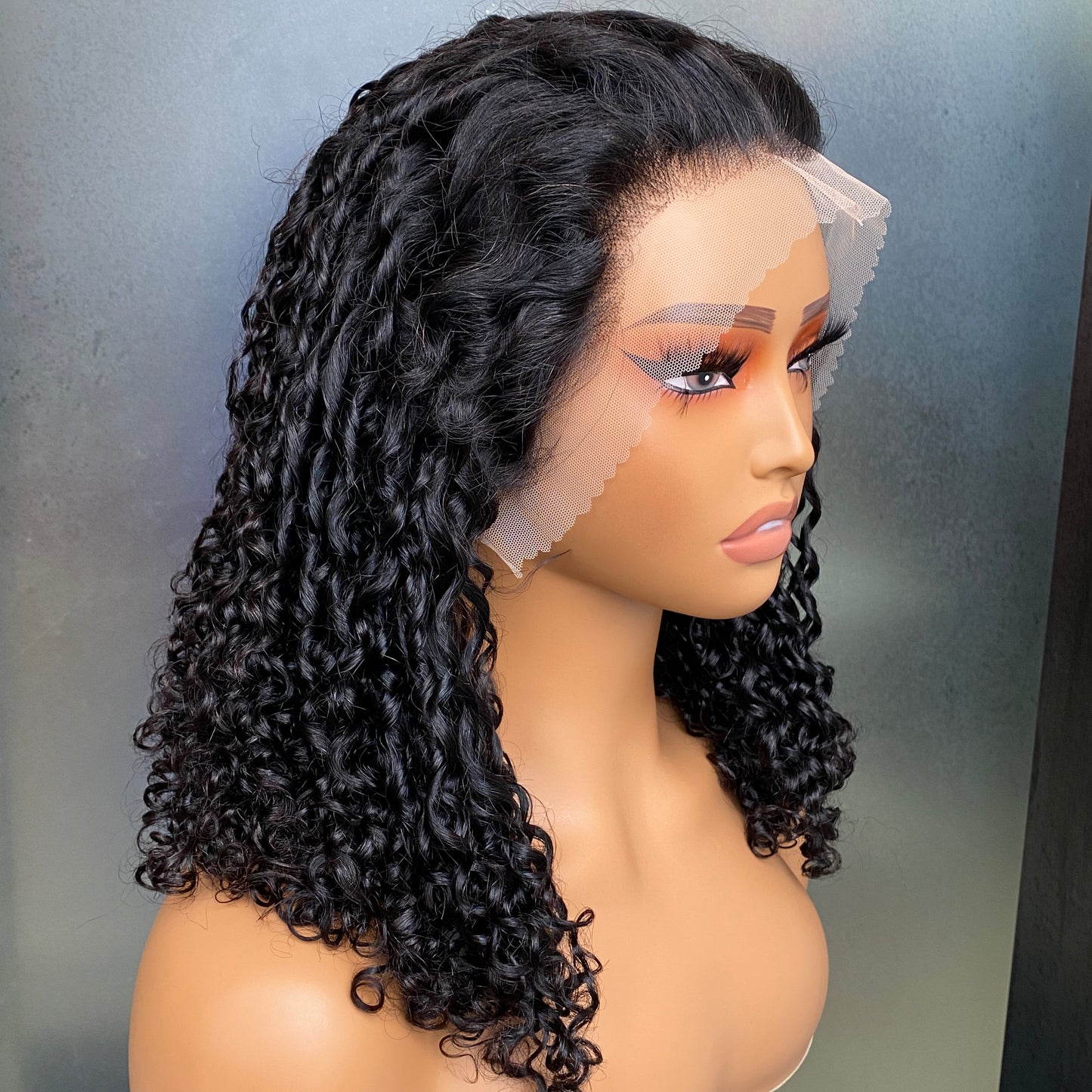 Natural Black Fumi Curly 13x4 Transparent Lace Frontal Human Hair Wig 14 Inch