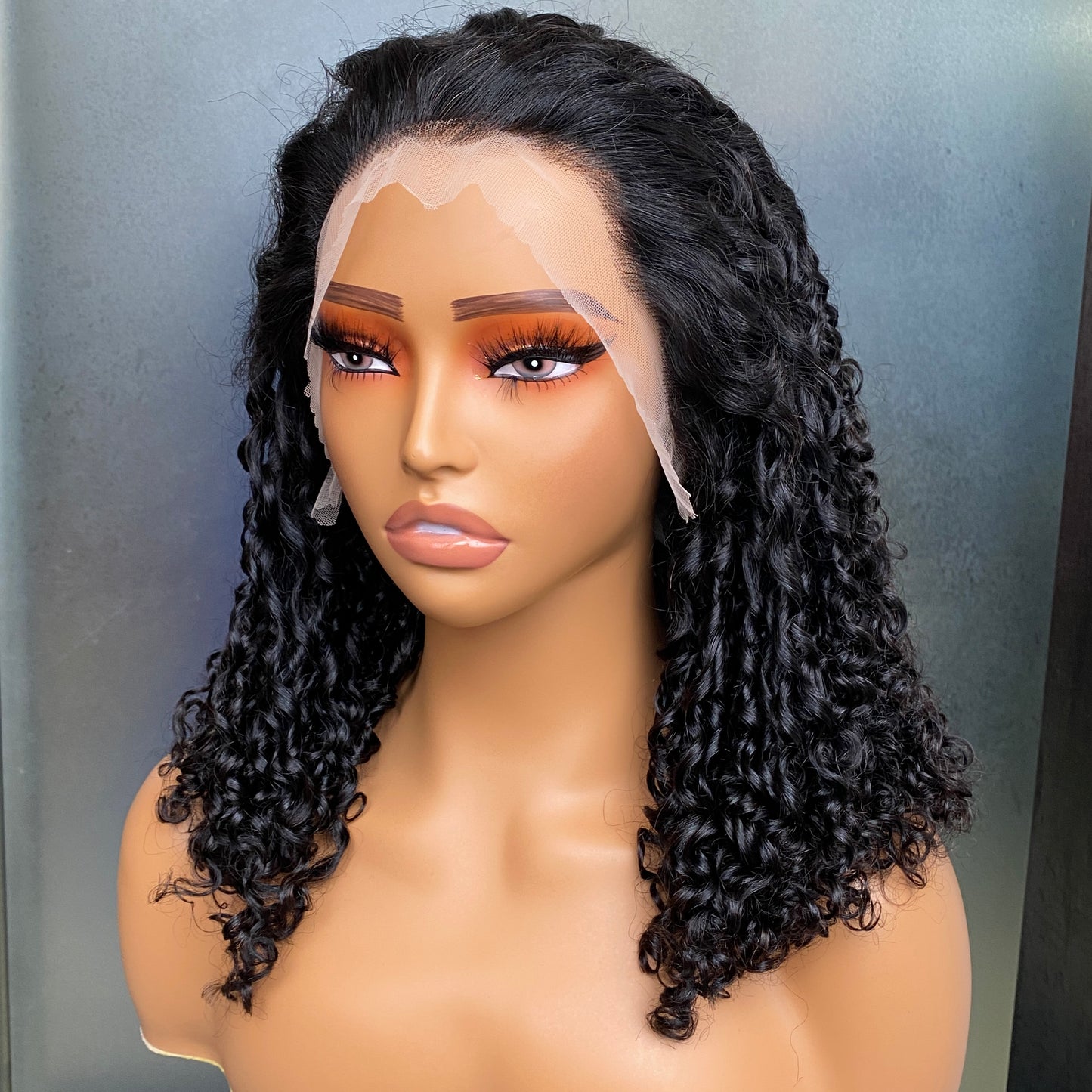 Natural Black Fumi Curly 13x4 Transparent Lace Frontal Human Hair Wig 14 Inch