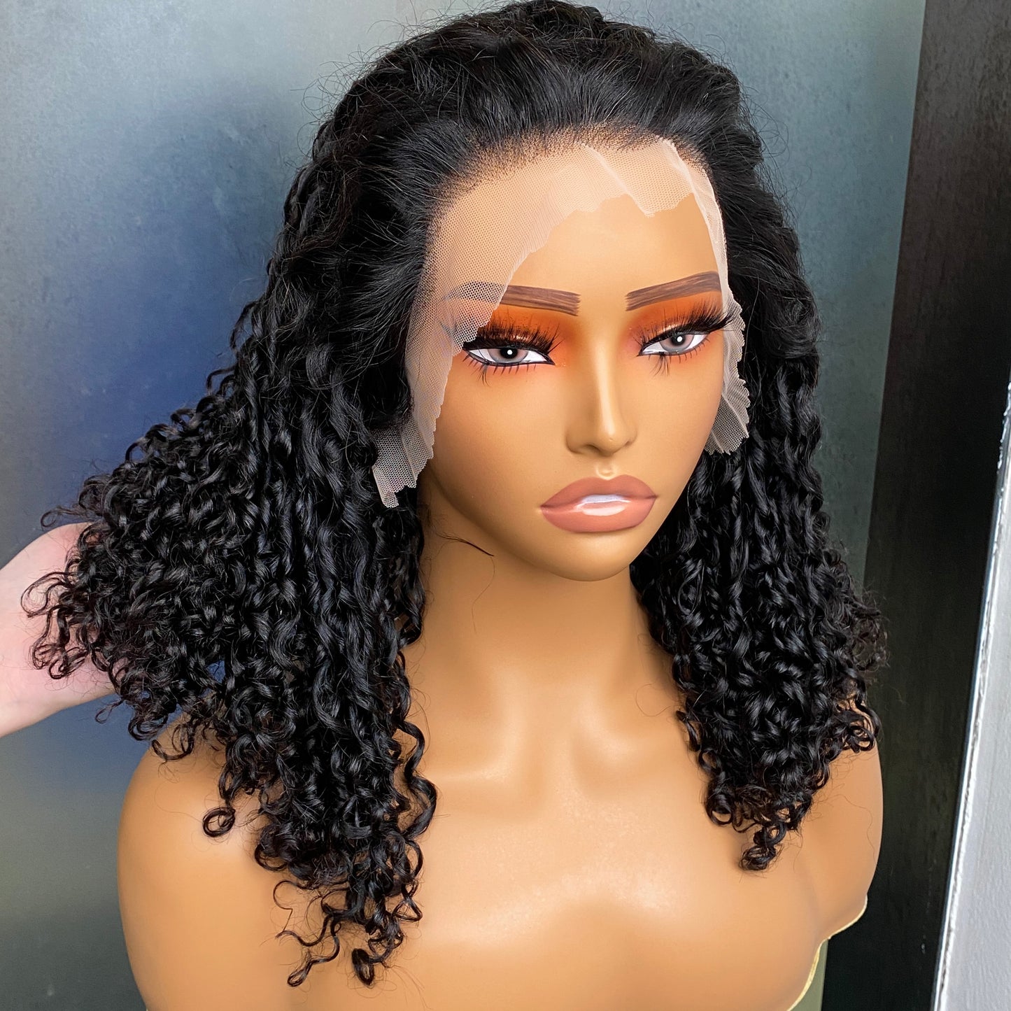 Natural Black Fumi Curly 13x4 Transparent Lace Frontal Human Hair Wig 14 Inch