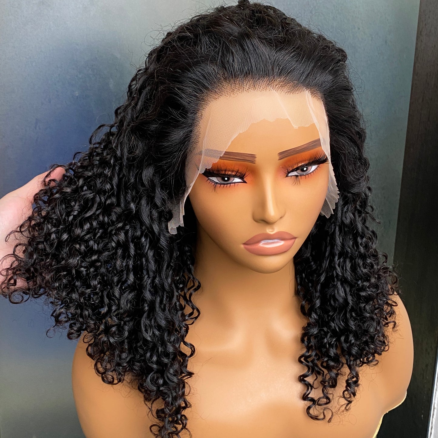 Natural Black Fumi Curly 13x4 Transparent Lace Frontal Human Hair Wig 14 Inch
