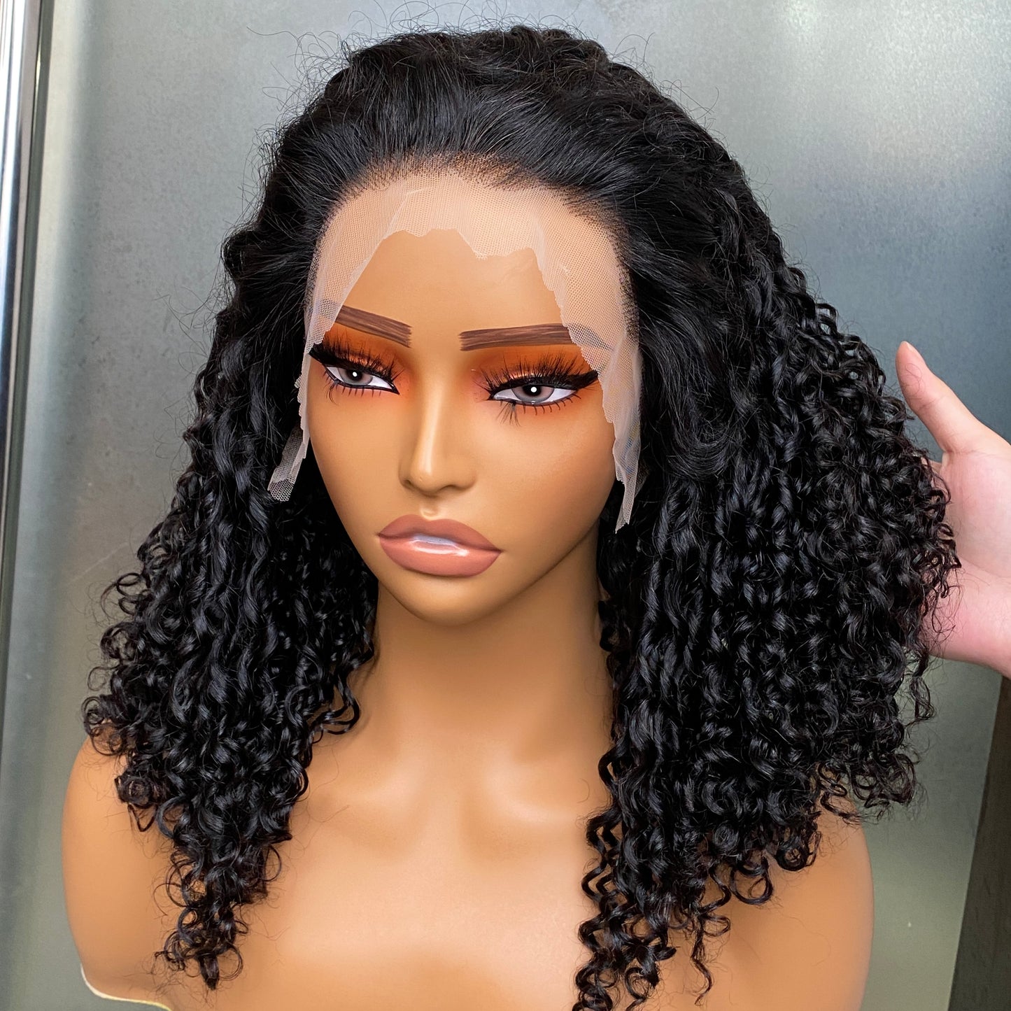 Natural Black Fumi Curly 13x4 Transparent Lace Frontal Human Hair Wig 14 Inch