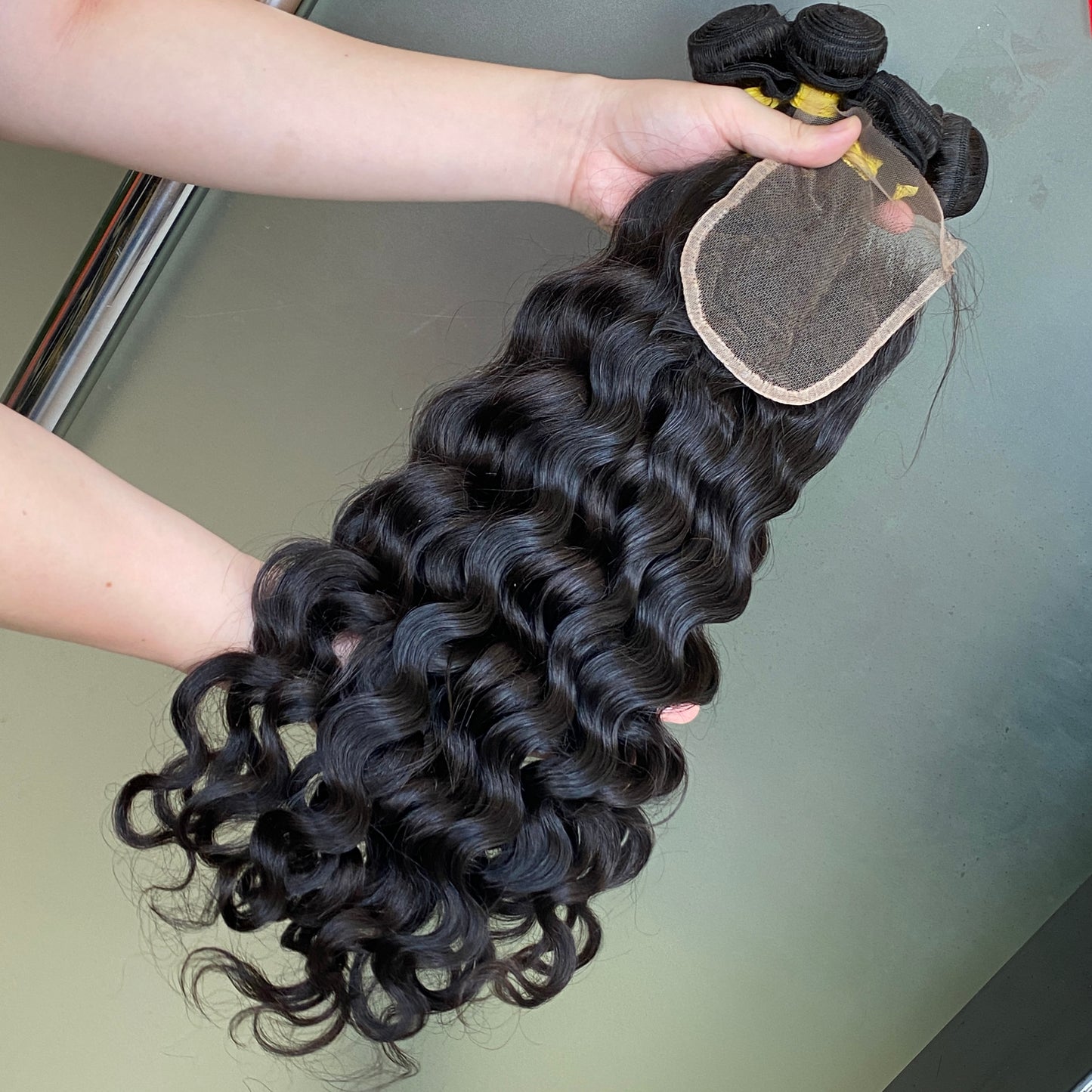 Premium Raw Virgin Remy natural wave 3 pcs bundles with 4x4 Transparent lace closure