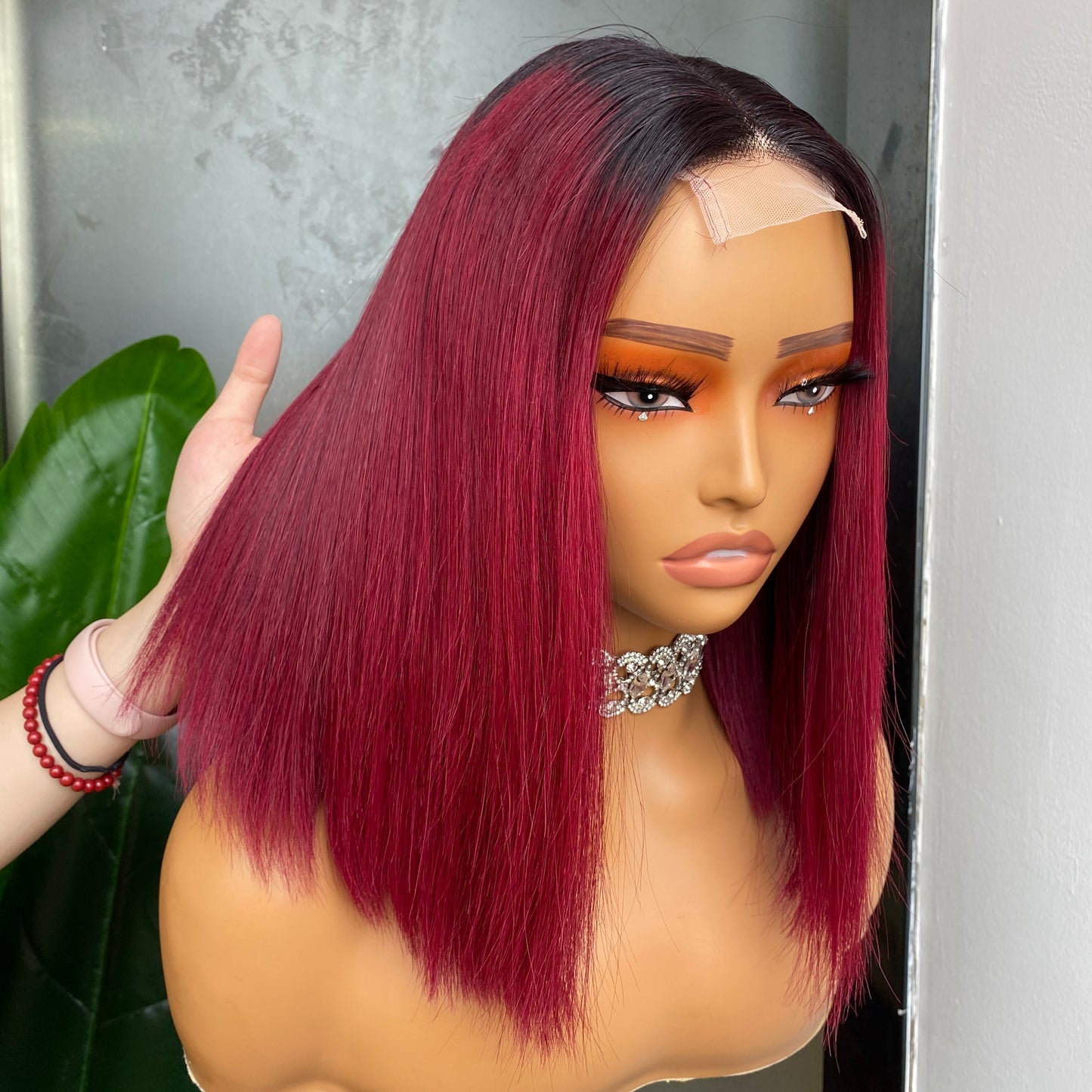 Vietnamese 1B Wine Red Straight 2x6 Transparent Lace Closure Wig 12 Inch