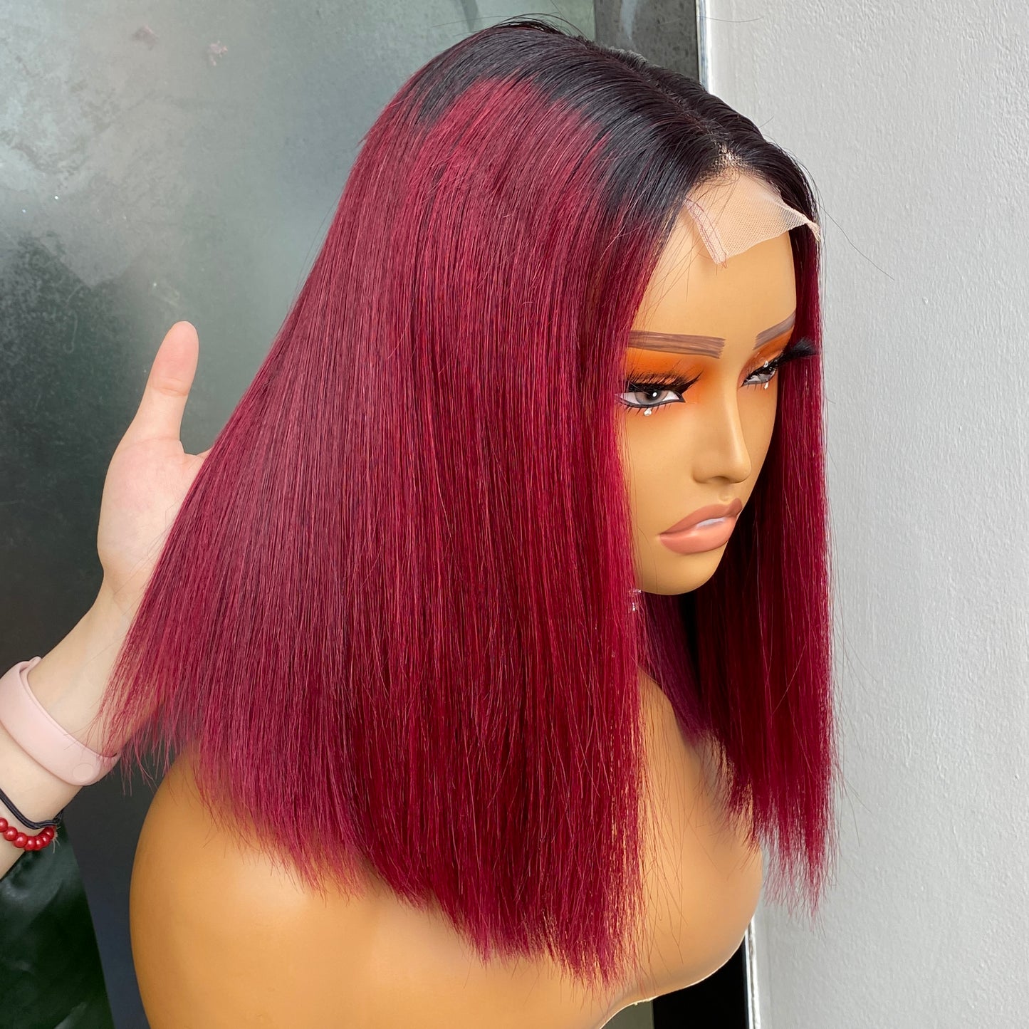 Vietnamese 1B Wine Red Straight 2x6 Transparent Lace Closure Wig 12 Inch