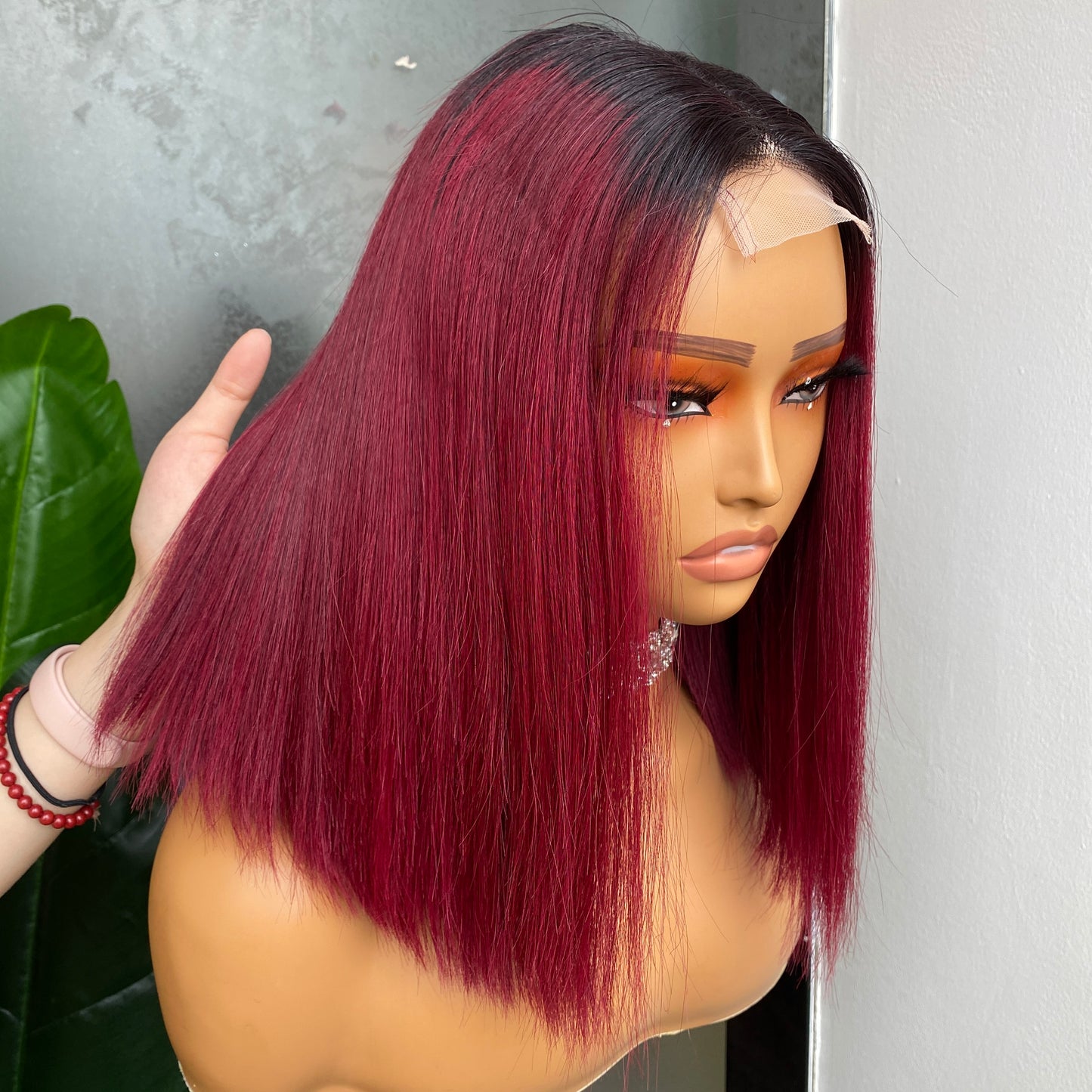 Vietnamese 1B Wine Red Straight 2x6 Transparent Lace Closure Wig 12 Inch