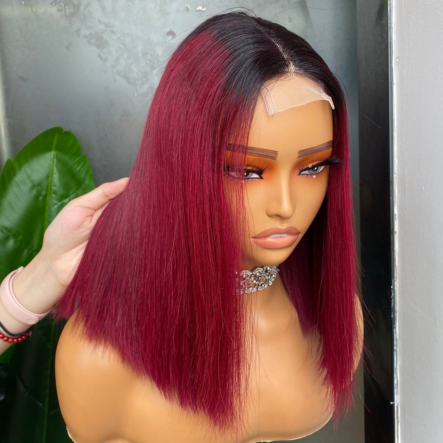 Vietnamese 1B Wine Red Straight 2x6 Transparent Lace Closure Wig 12 Inch