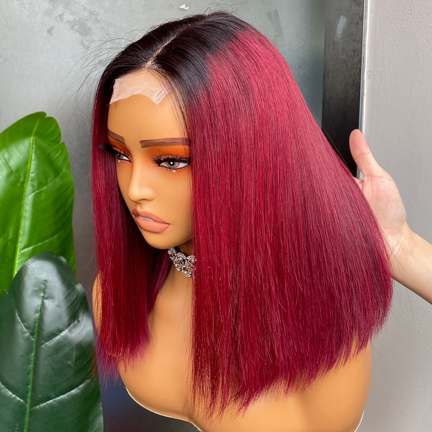 Vietnamese 1B Wine Red Straight 2x6 Transparent Lace Closure Wig 12 Inch
