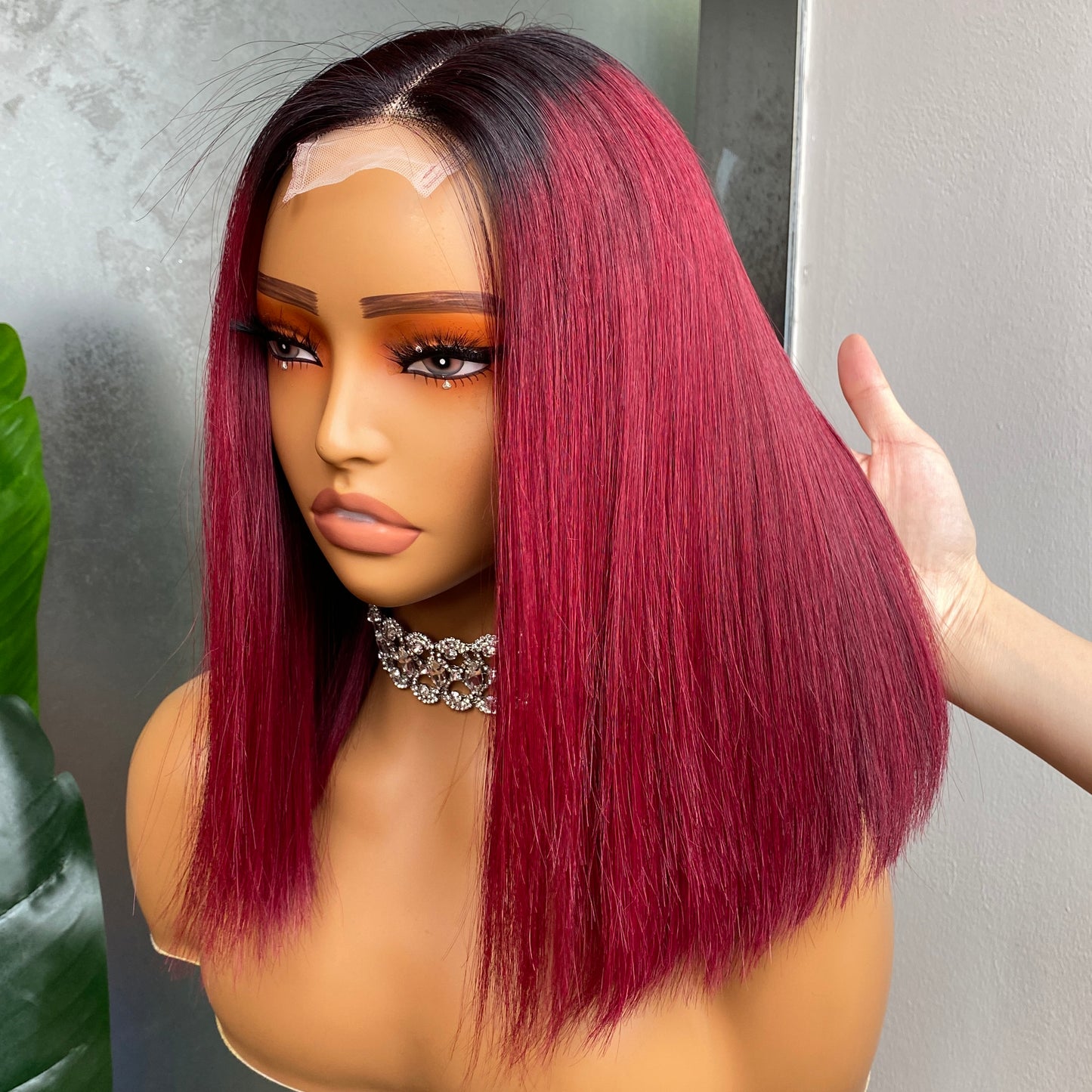 Vietnamese 1B Wine Red Straight 2x6 Transparent Lace Closure Wig 12 Inch