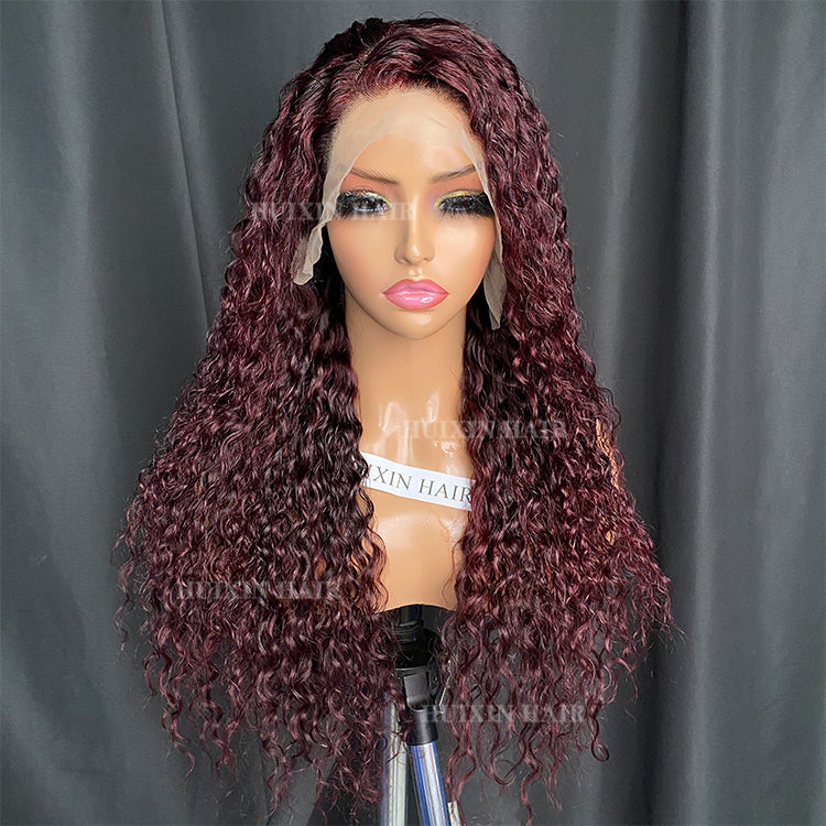 Burgundy Color Water Wave 13x4 Transparent Lace Frontal Wig 20”