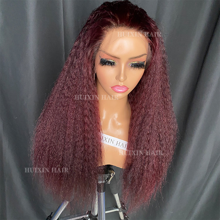 Burgundy color kinky straight 13x4 HD lace frontal wig 20”