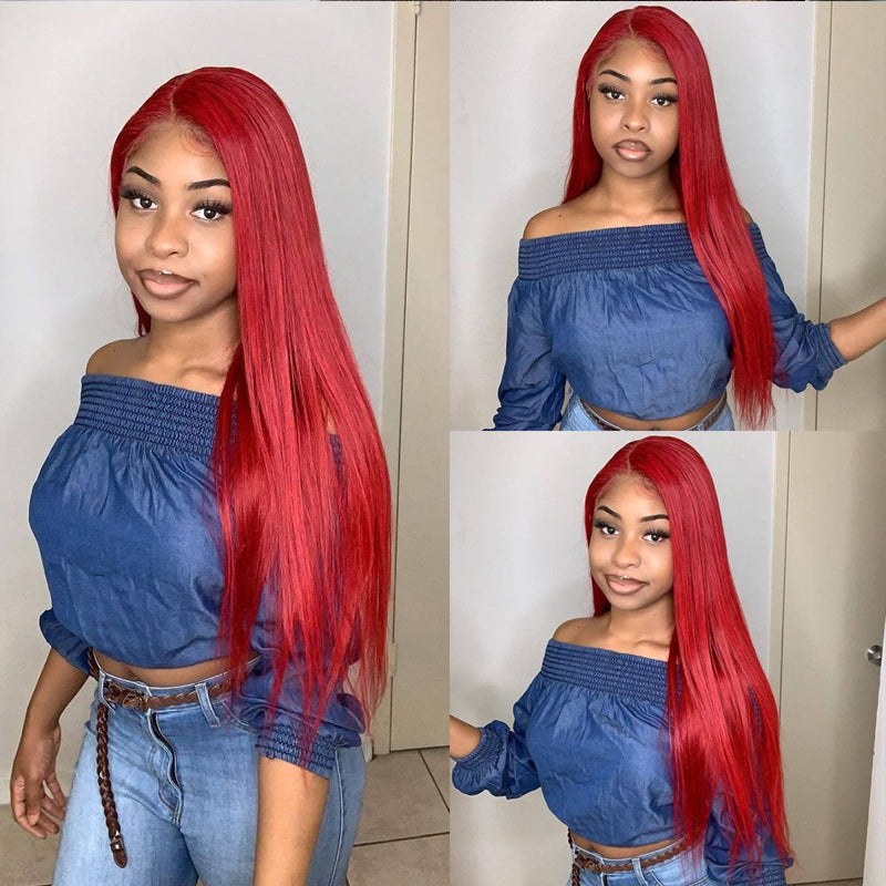 Red straight 13x6 lace frontal wig 26"