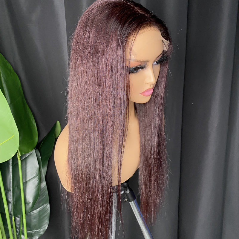 Burgundy straight 5x5 HD lace closure wig 24"