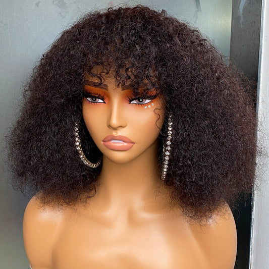 Remy Human Hair Kinky Curly Regular Bang Wig 12-30 Inch