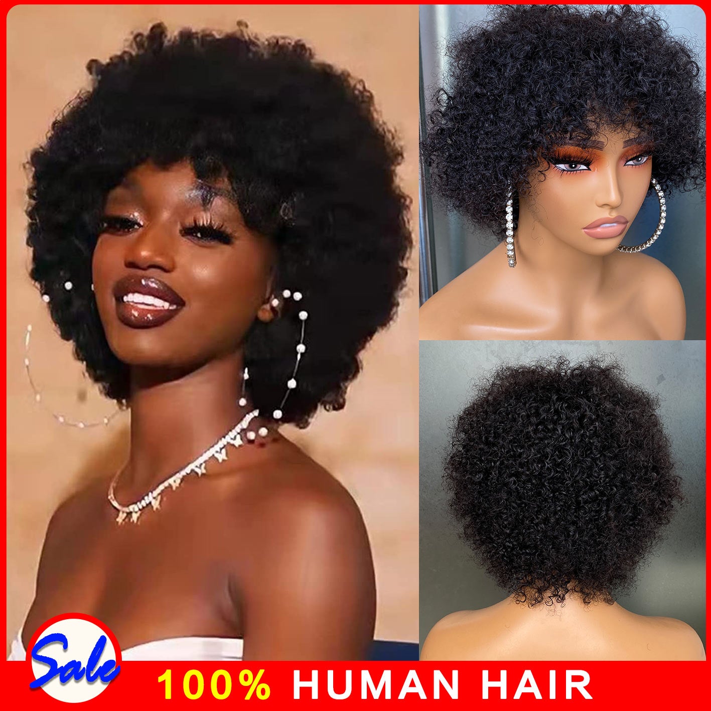 Human Hair Natural Black 4B Kinky Curly Regular Bang Wig