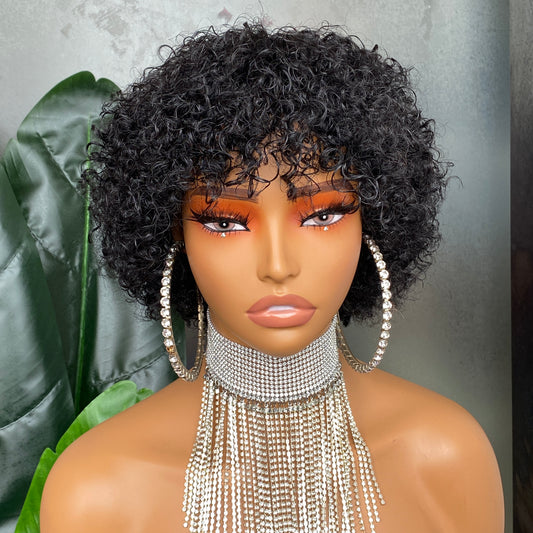 Natural Color Curly Pixie Cut None Lace Bang Wig 10 Inch