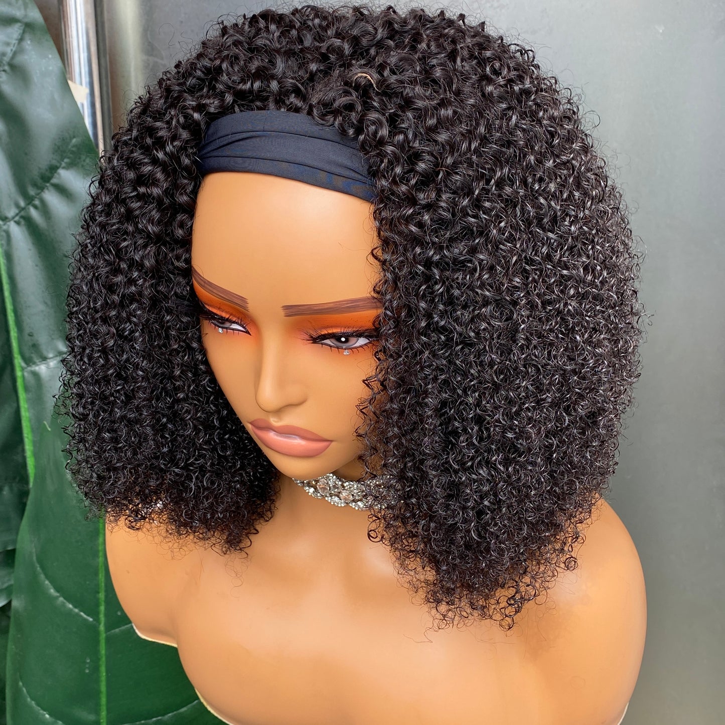 200% Density Kinky Curly Headband Wig Virgin Human Hair 14 Inch