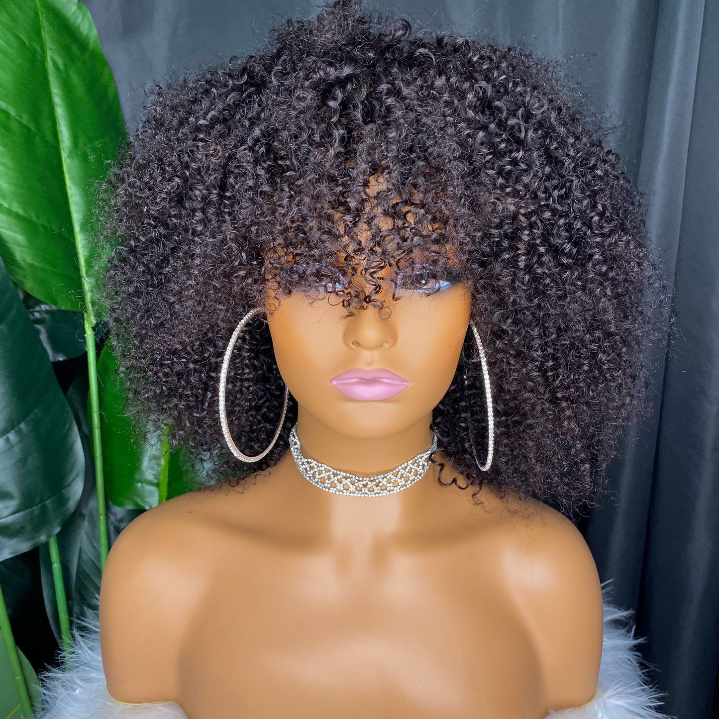 Top Quality 100% Raw Thick Human Hair Kinky Curly Regular Bang Wig