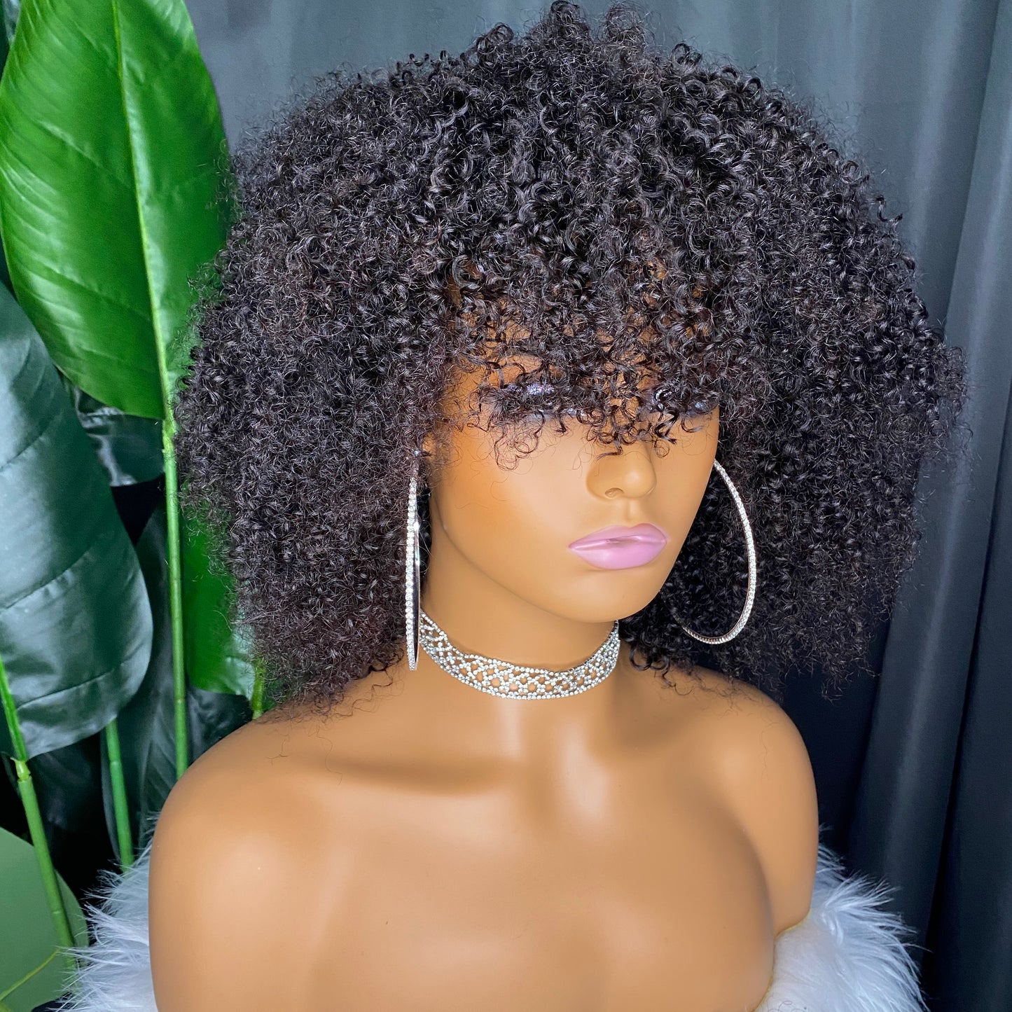 Top Quality 100% Raw Thick Human Hair Kinky Curly Regular Bang Wig