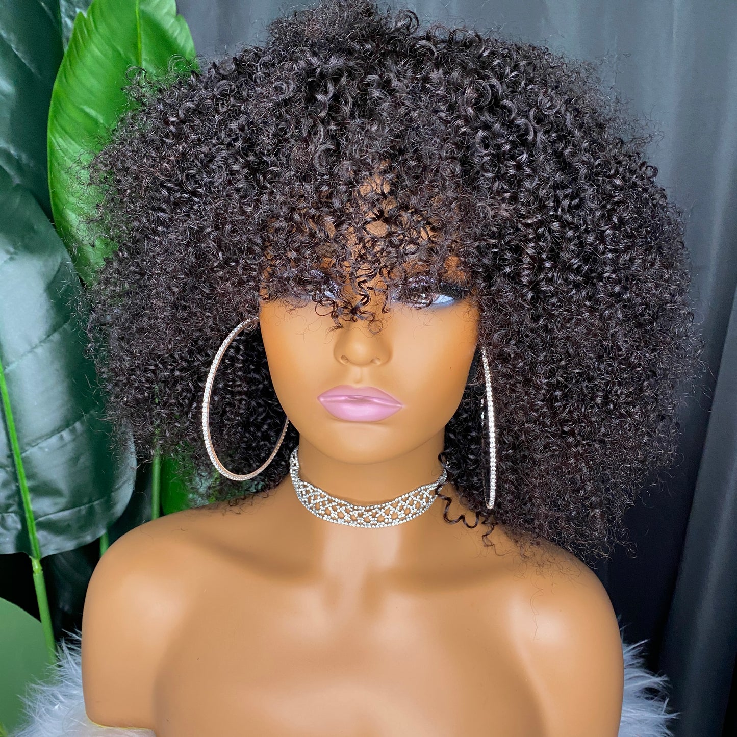 Top Quality 100% Raw Thick Human Hair Kinky Curly Regular Bang Wig