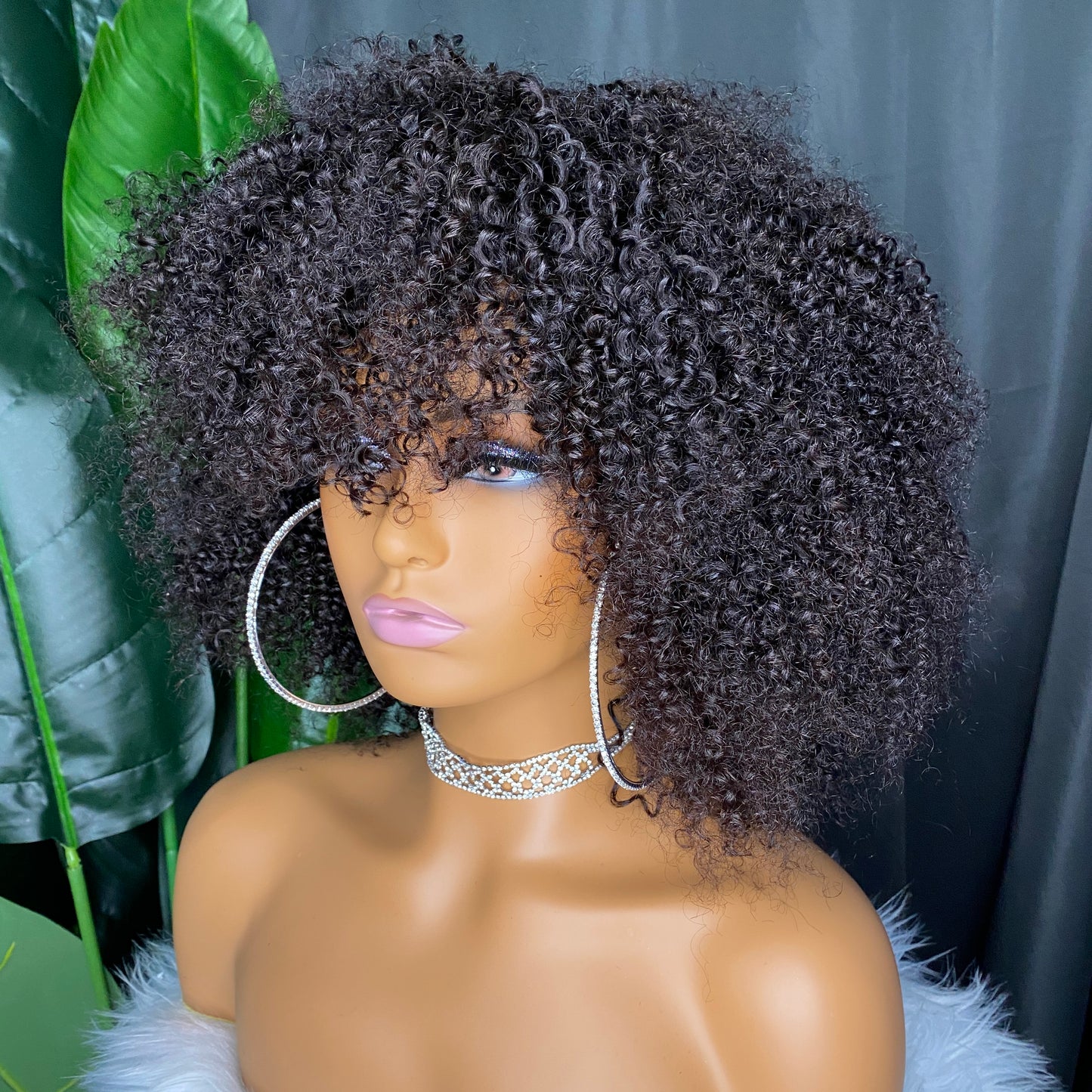 Top Quality 100% Raw Thick Human Hair Kinky Curly Regular Bang Wig