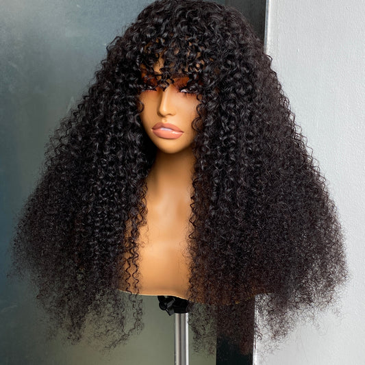 Raw Remy Human Hair Afro 4B Kinky Curly Regular Bang Wig 8-30 Inch
