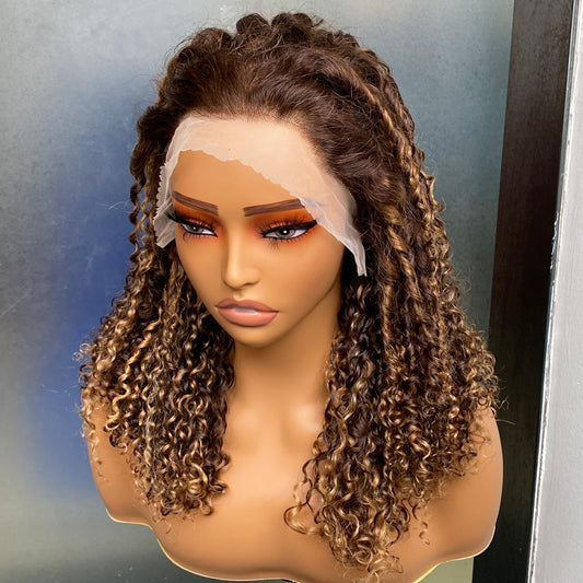 Raw Human Hair P4/27 Fumi Curly 13x4 Transparent Lace Frontal Wig 14 Inch