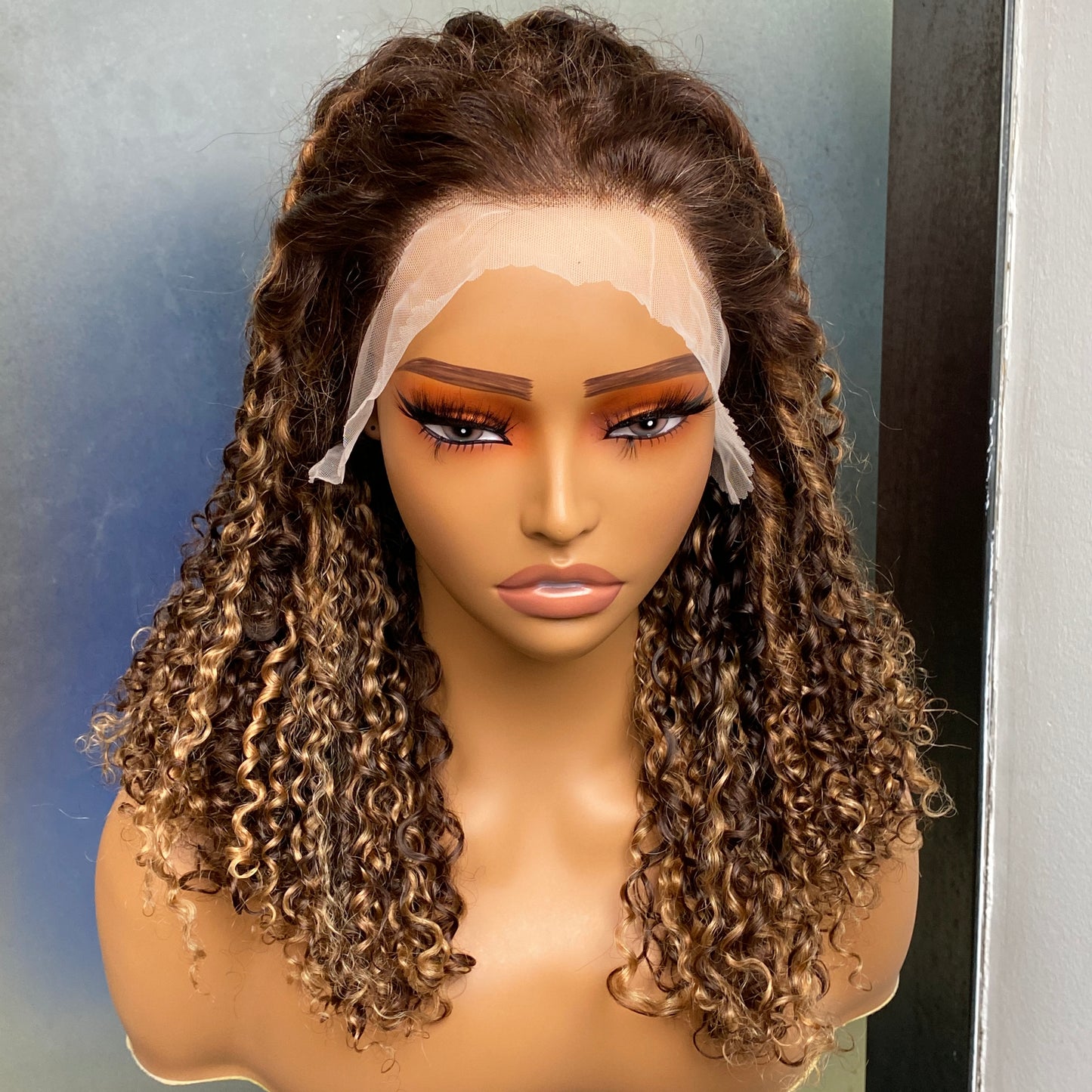 Raw Human Hair P4/27 Fumi Curly 13x4 Transparent Lace Frontal Wig 14 Inch