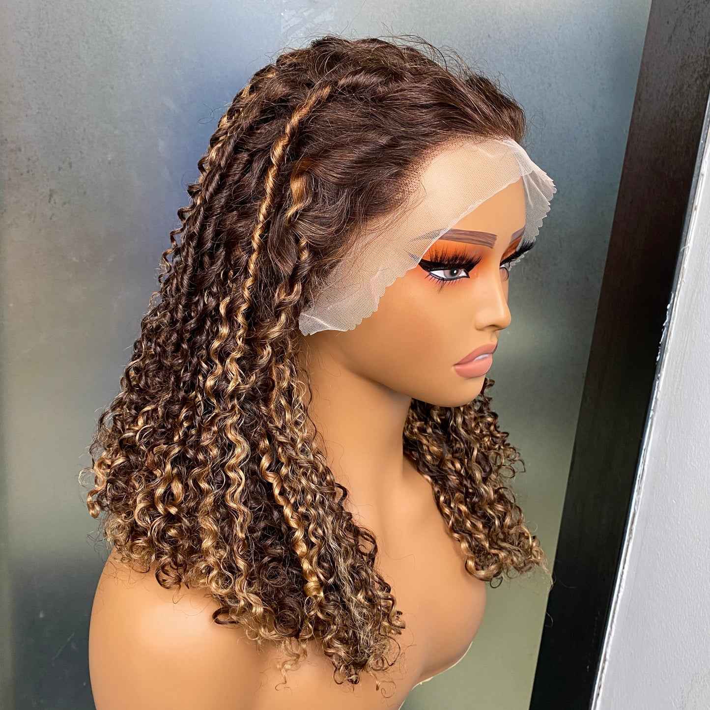 Raw Human Hair P4/27 Fumi Curly 13x4 Transparent Lace Frontal Wig 14 Inch