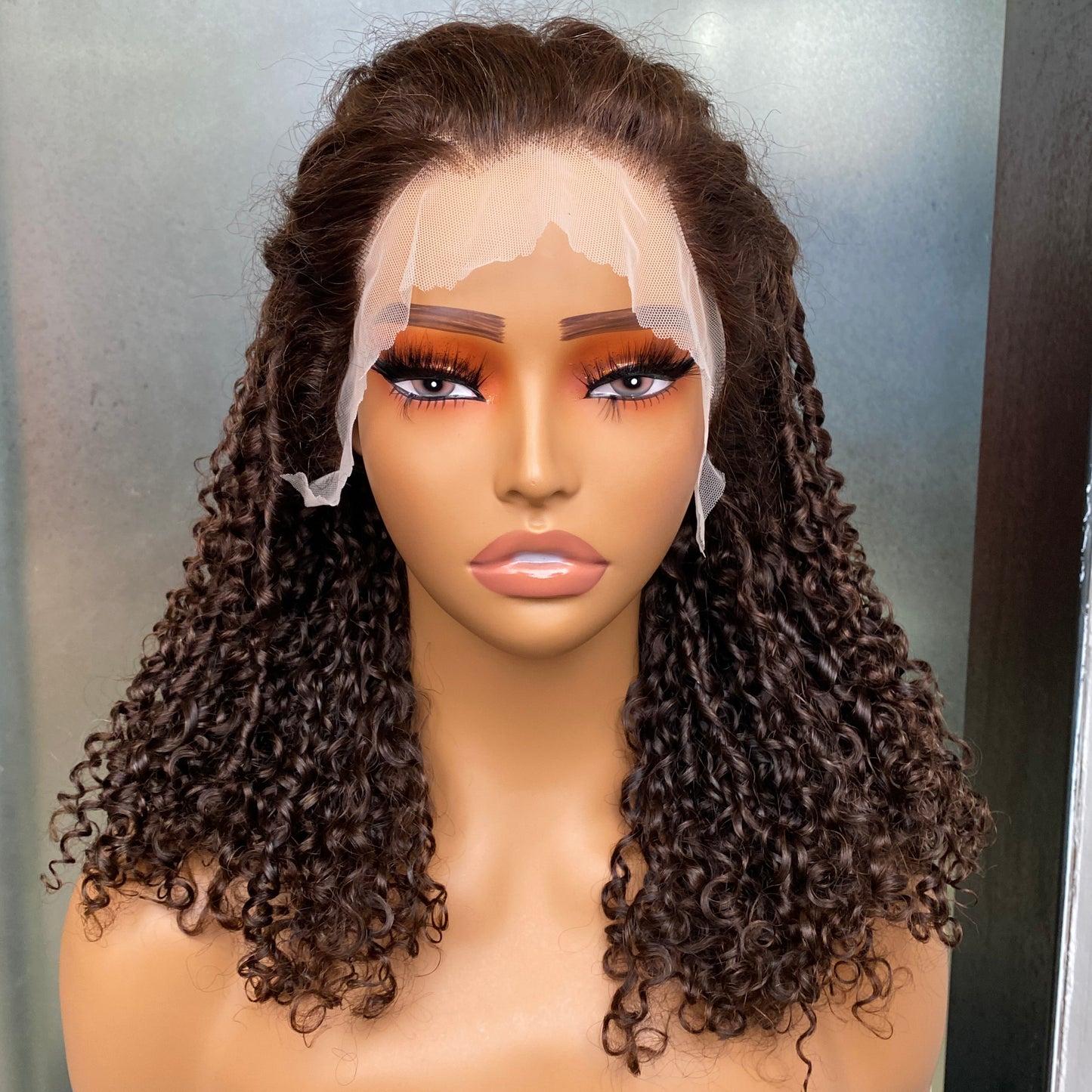 Top Quality Human Hair Brown Fumi Curly 13x4 Transparent Lace Frontal Wig 14 Inch