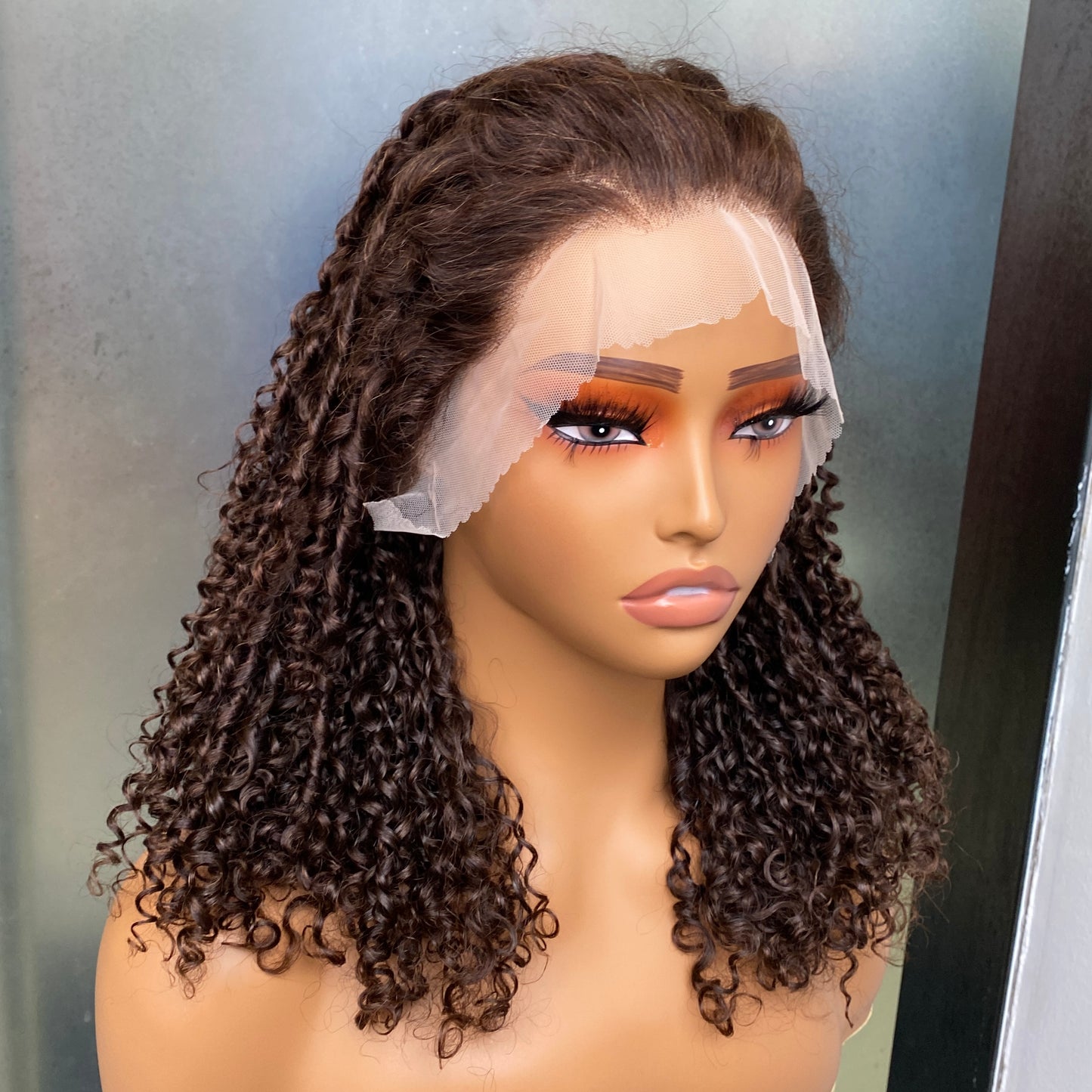 Top Quality Human Hair Brown Fumi Curly 13x4 Transparent Lace Frontal Wig 14 Inch