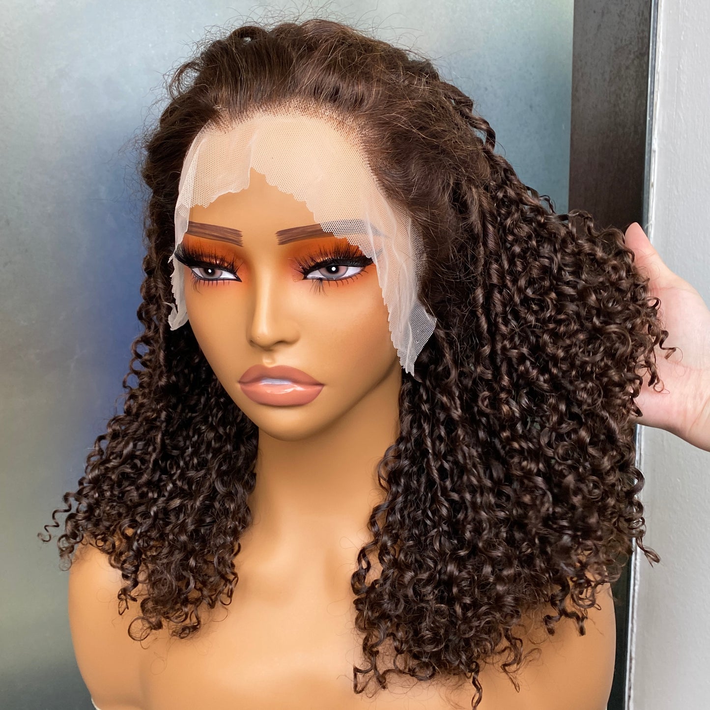 Top Quality Human Hair Brown Fumi Curly 13x4 Transparent Lace Frontal Wig 14 Inch