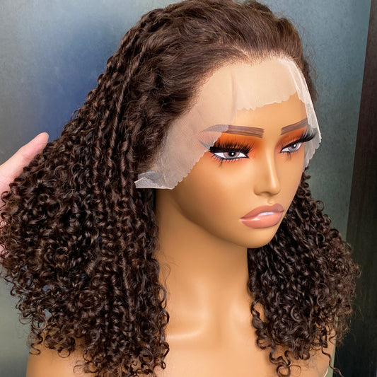 Top Quality Human Hair Brown Fumi Curly 13x4 Transparent Lace Frontal Wig 14 Inch