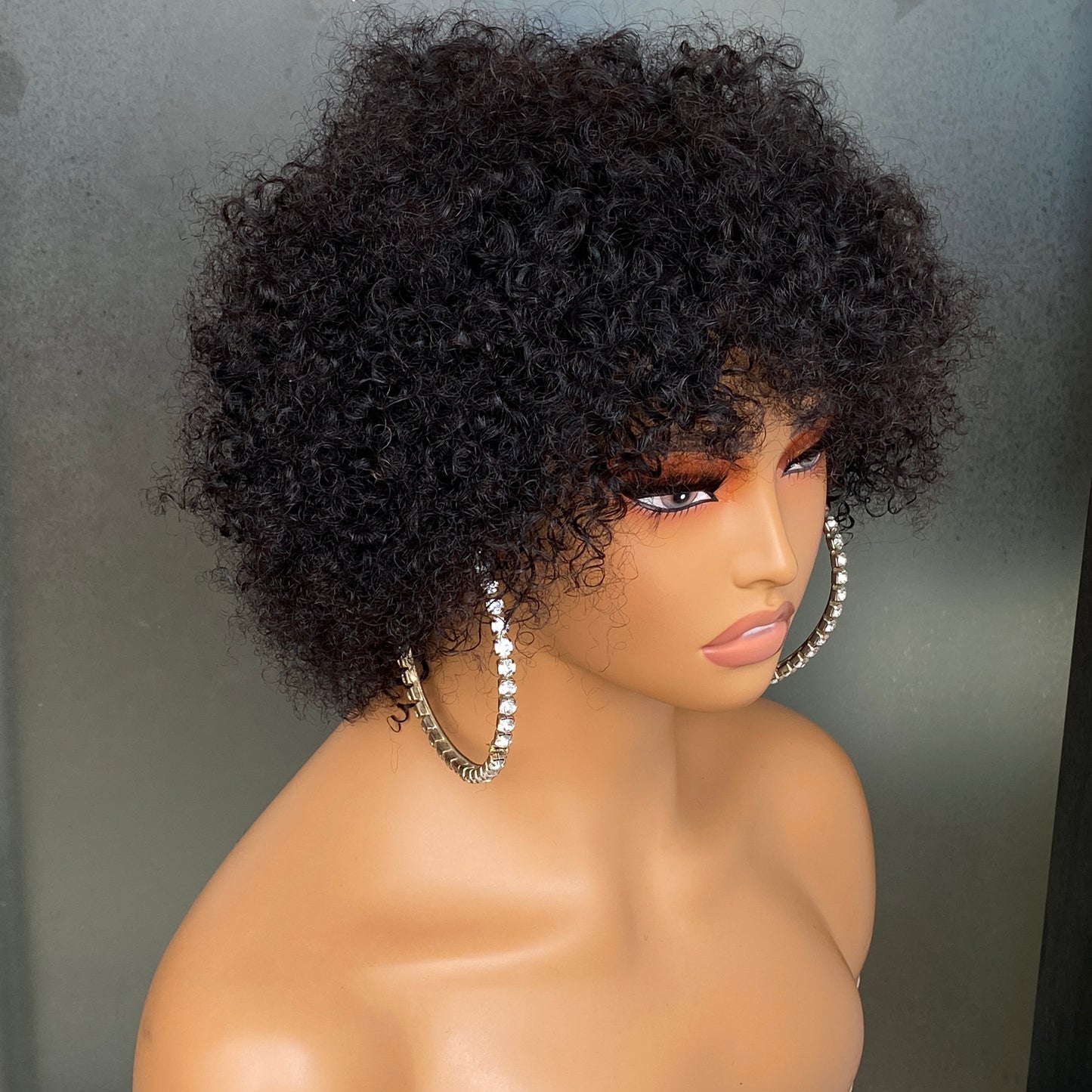 Human Hair Natural Black 4B Kinky Curly Regular Bang Wig