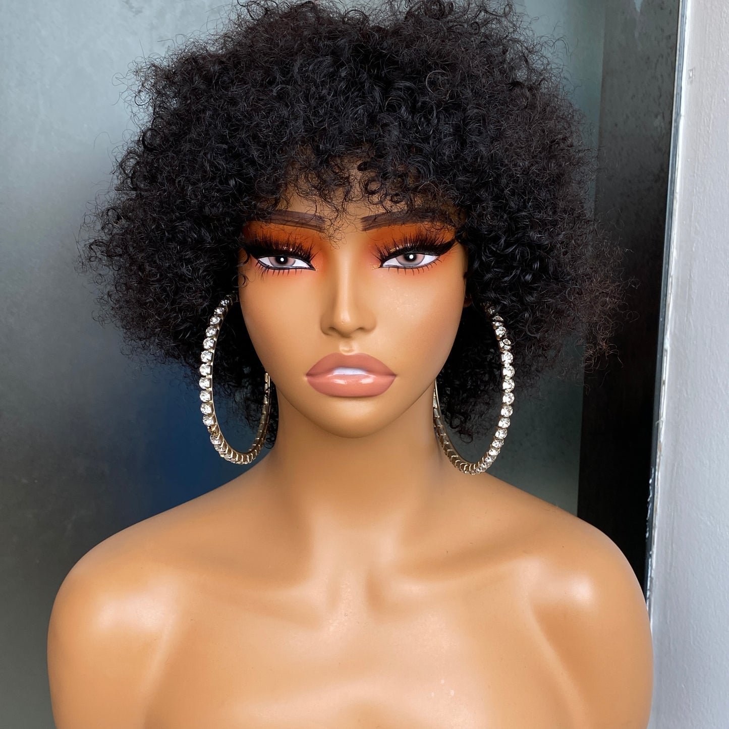 Human Hair Natural Black 4B Kinky Curly Regular Bang Wig