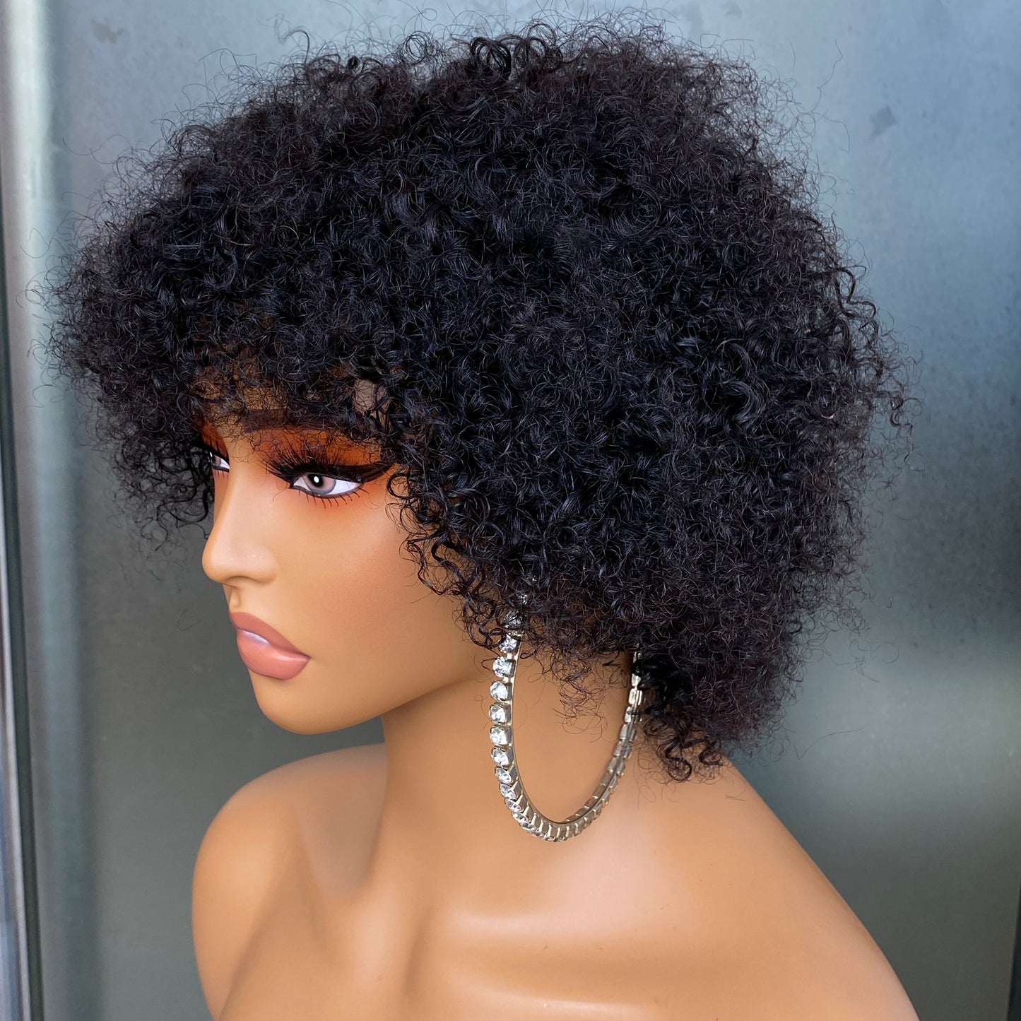 Human Hair Natural Black 4B Kinky Curly Regular Bang Wig