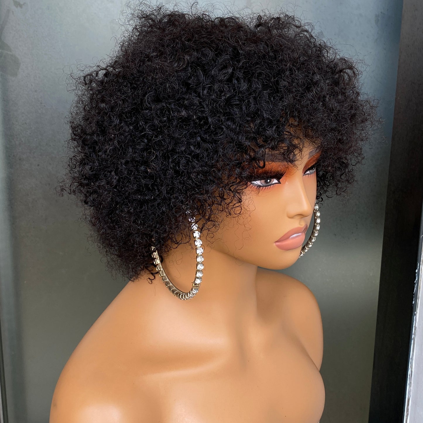 Human Hair Natural Black 4B Kinky Curly Regular Bang Wig