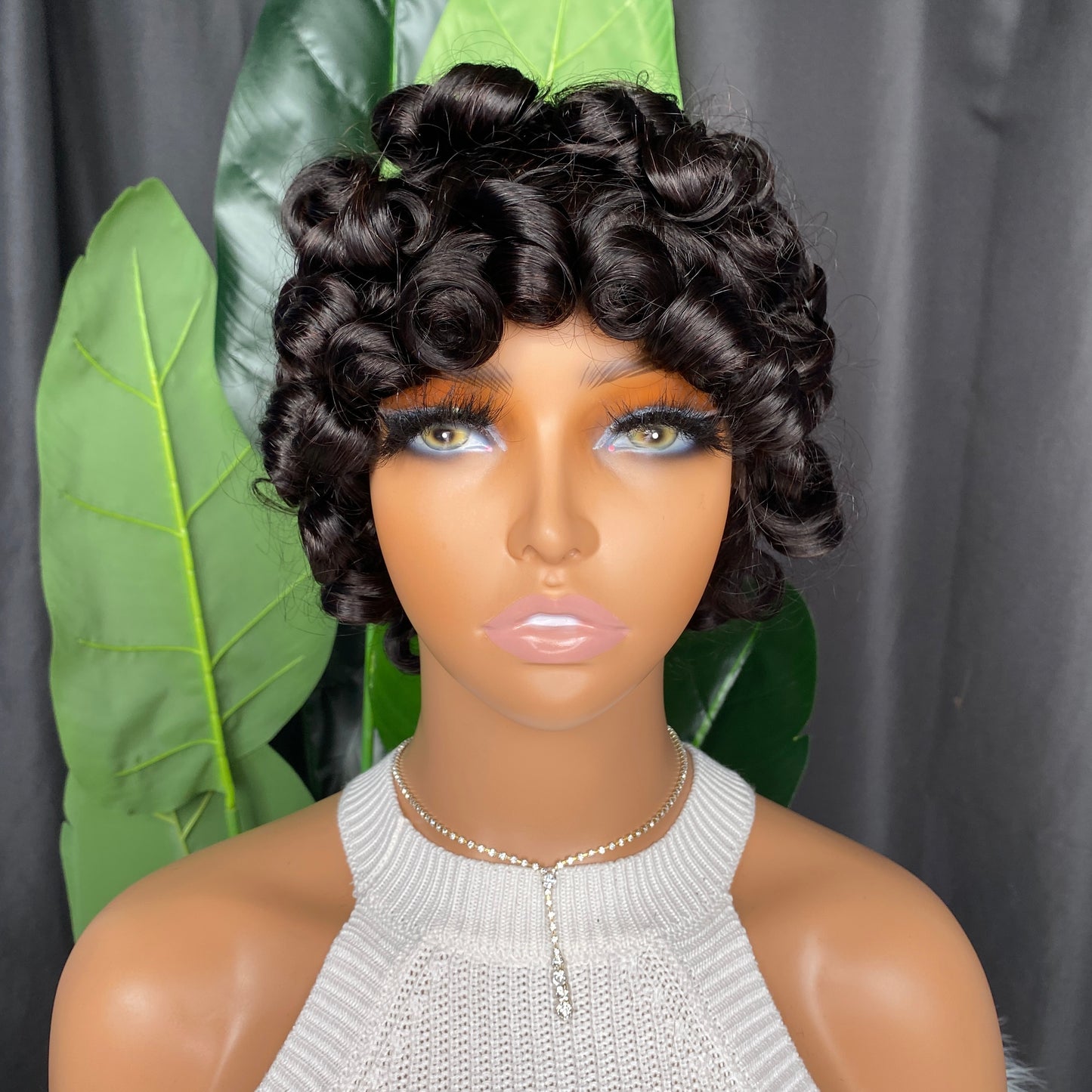 100% Remy Human HairNatural Black Pixie Curly Bang Wig 10 Inch